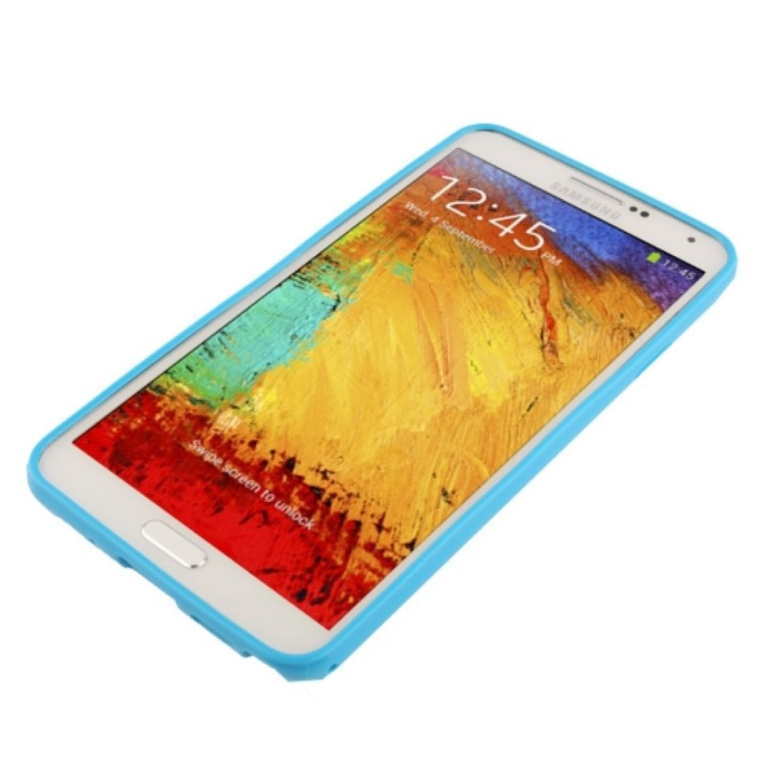 Smartphone in blauem Gehäuse. Der Bildschirm zeigt ein farbenfrohes abstraktes Gemälde. Weißer Hintergrund.