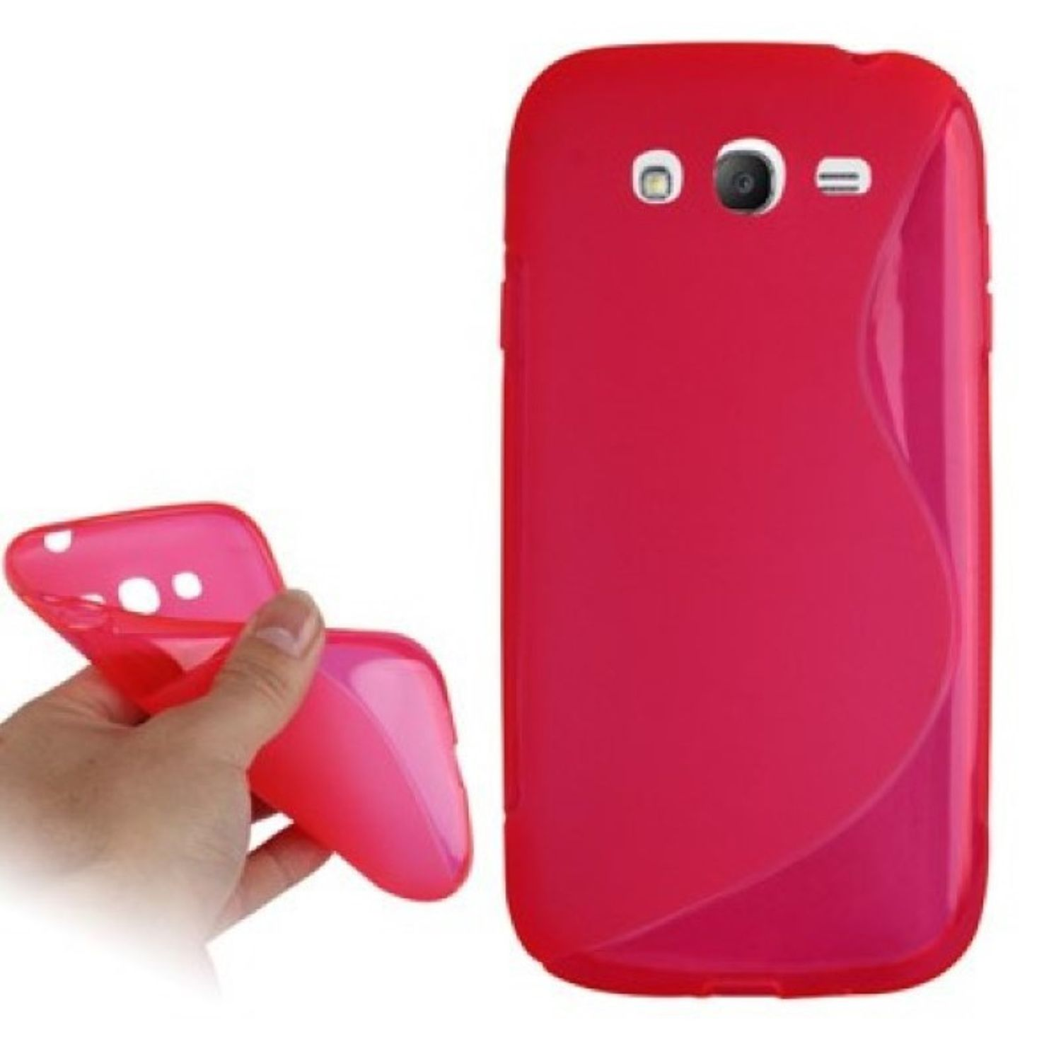 Eine rote Handyhülle und eine Hand, die eine rosa Handyhülle hält.