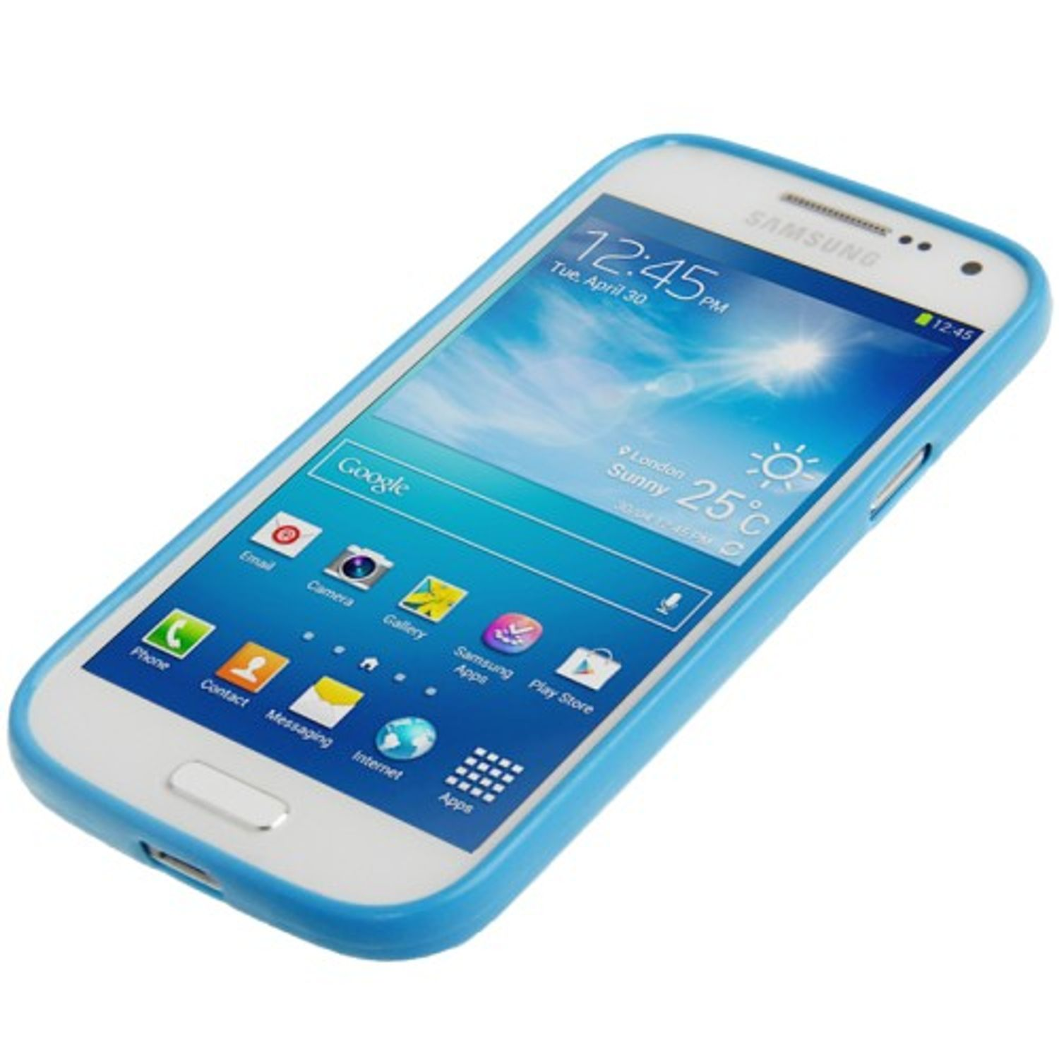 Ein weißes und blaues Samsung-Telefon zeigt die Uhrzeit an. Es hat eine blaue Hülle.