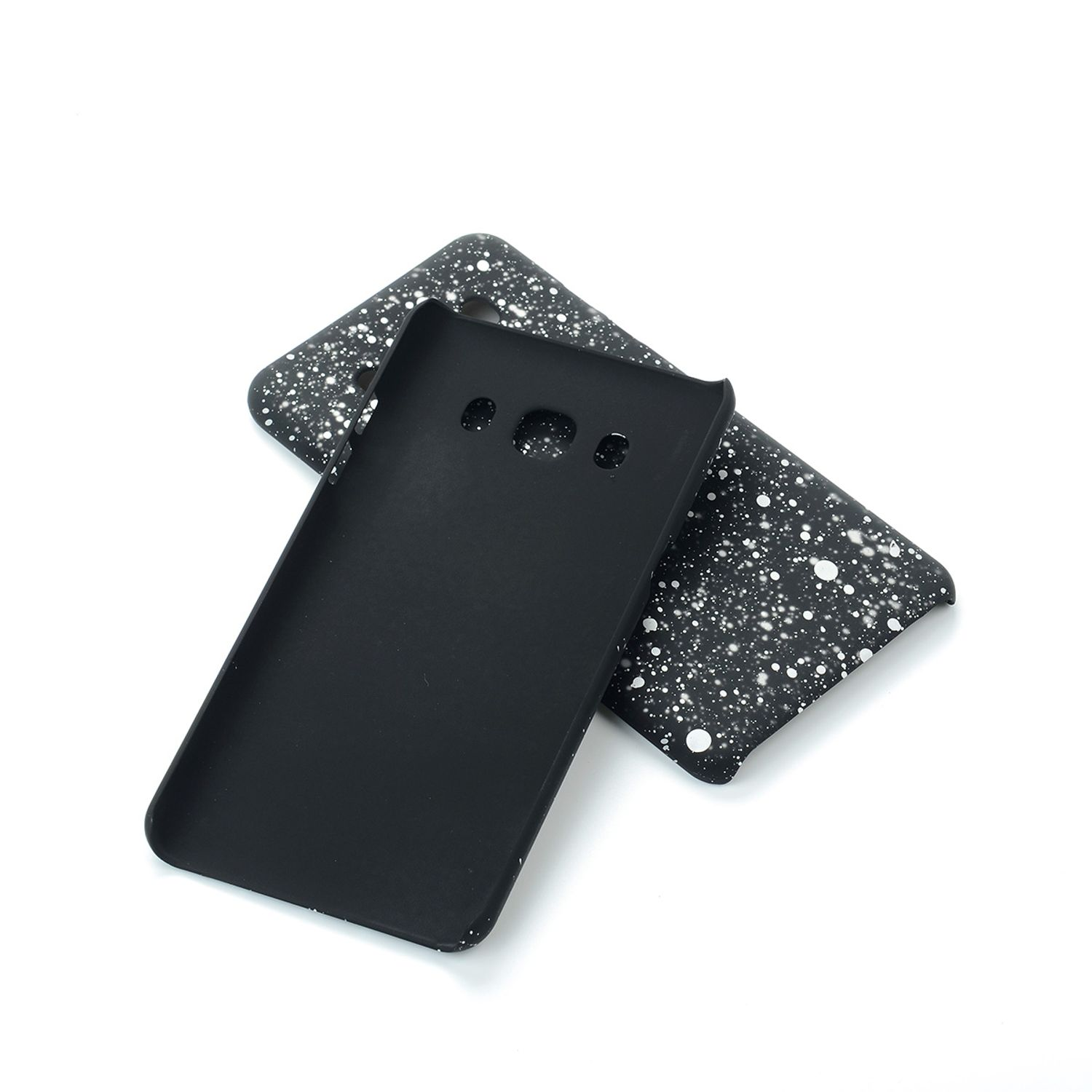 Zwei schwarze Handyhüllen übereinander, mit gesprenkeltem Design auf Weiß.