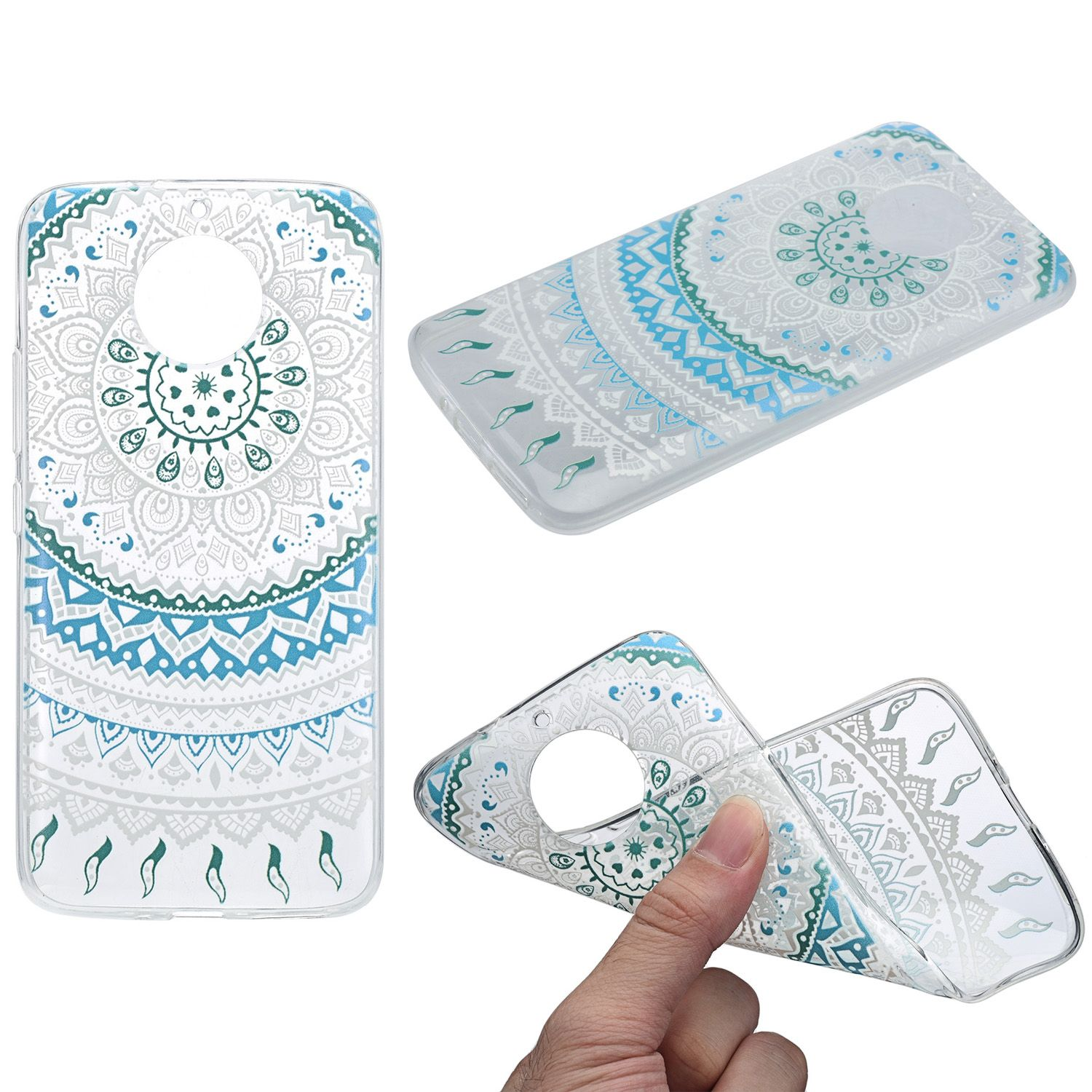 Transparente Handyhülle mit Mandala-Design, in mehreren Ansichten, und eine Hand hält sie.