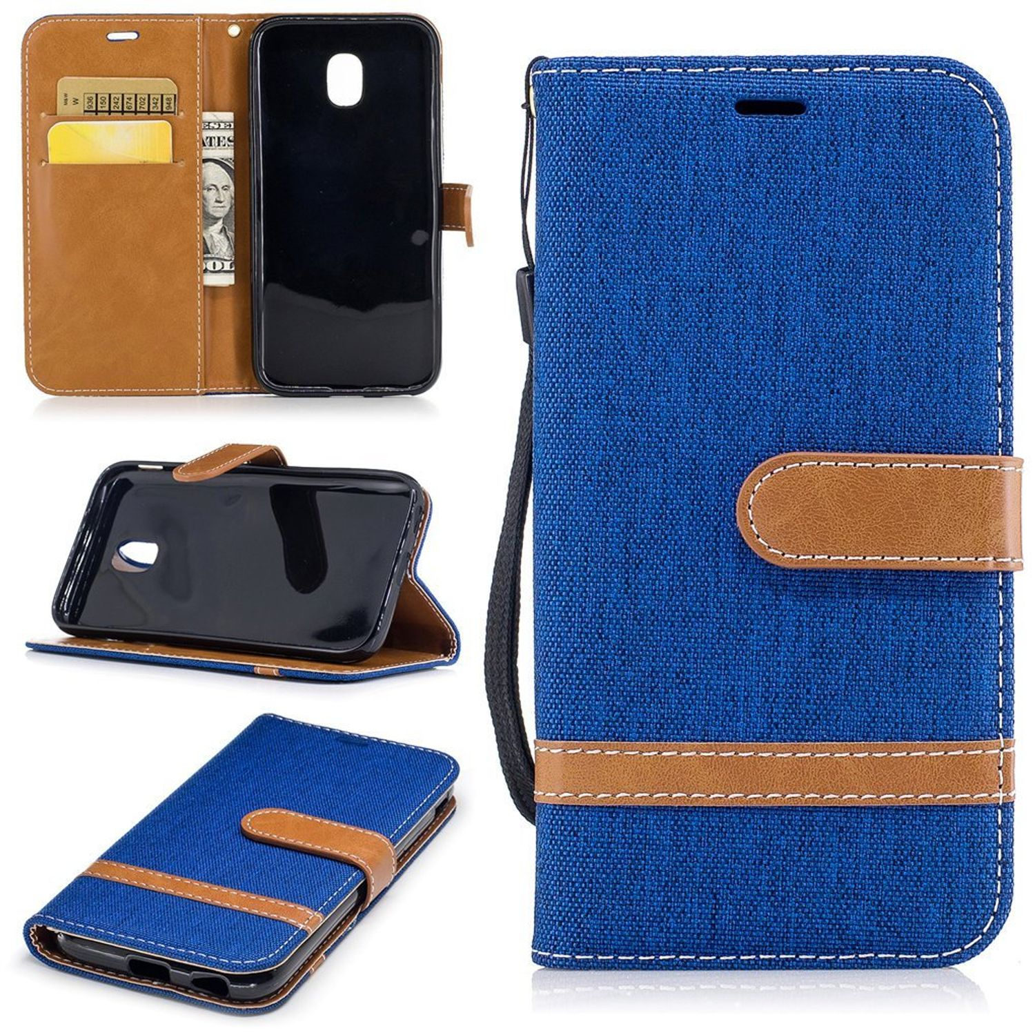 Blaue Handyhülle mit einem Telefon darin. Die Hülle ist geöffnet, und es befinden sich Gegenstände darin.