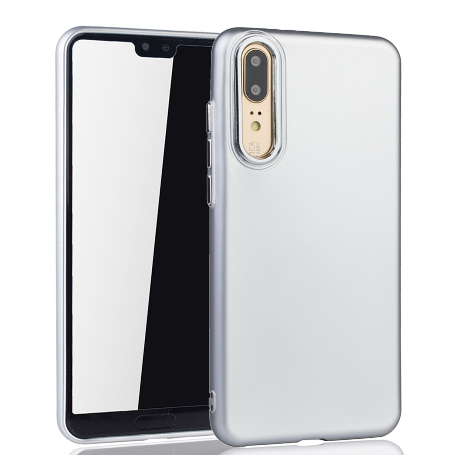 Silbernes Telefon mit Schutzhülle daneben, auf weißem Hintergrund.