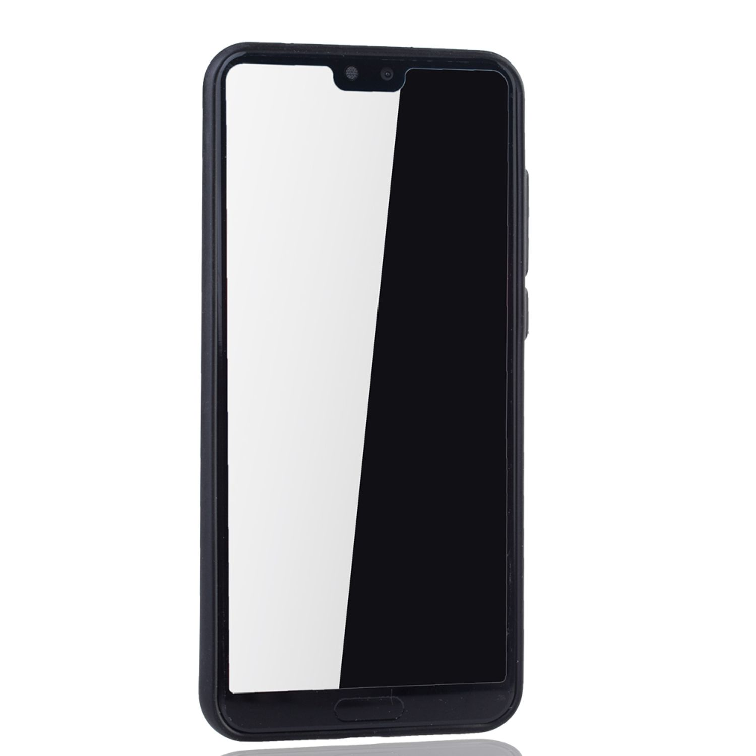 Schwarzes Smartphone mit beleuchtetem Bildschirm. Der Bildschirm zeigt den Telefonbildschirm. Weißer Hintergrund.