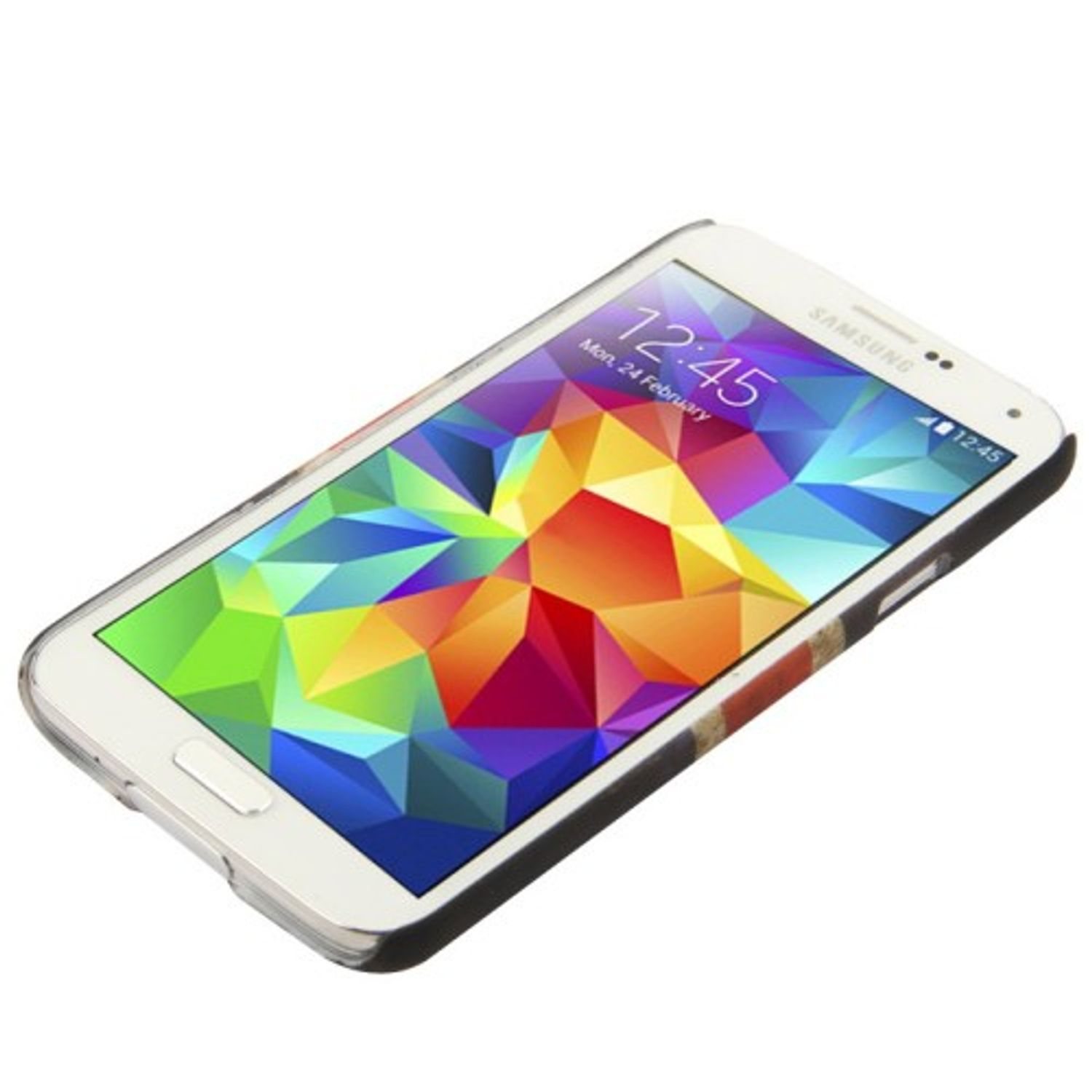 Smartphone mit farbenfrohem geometrischem Design auf dem Bildschirm. Das Gehäuse ist weiß und schwarz.