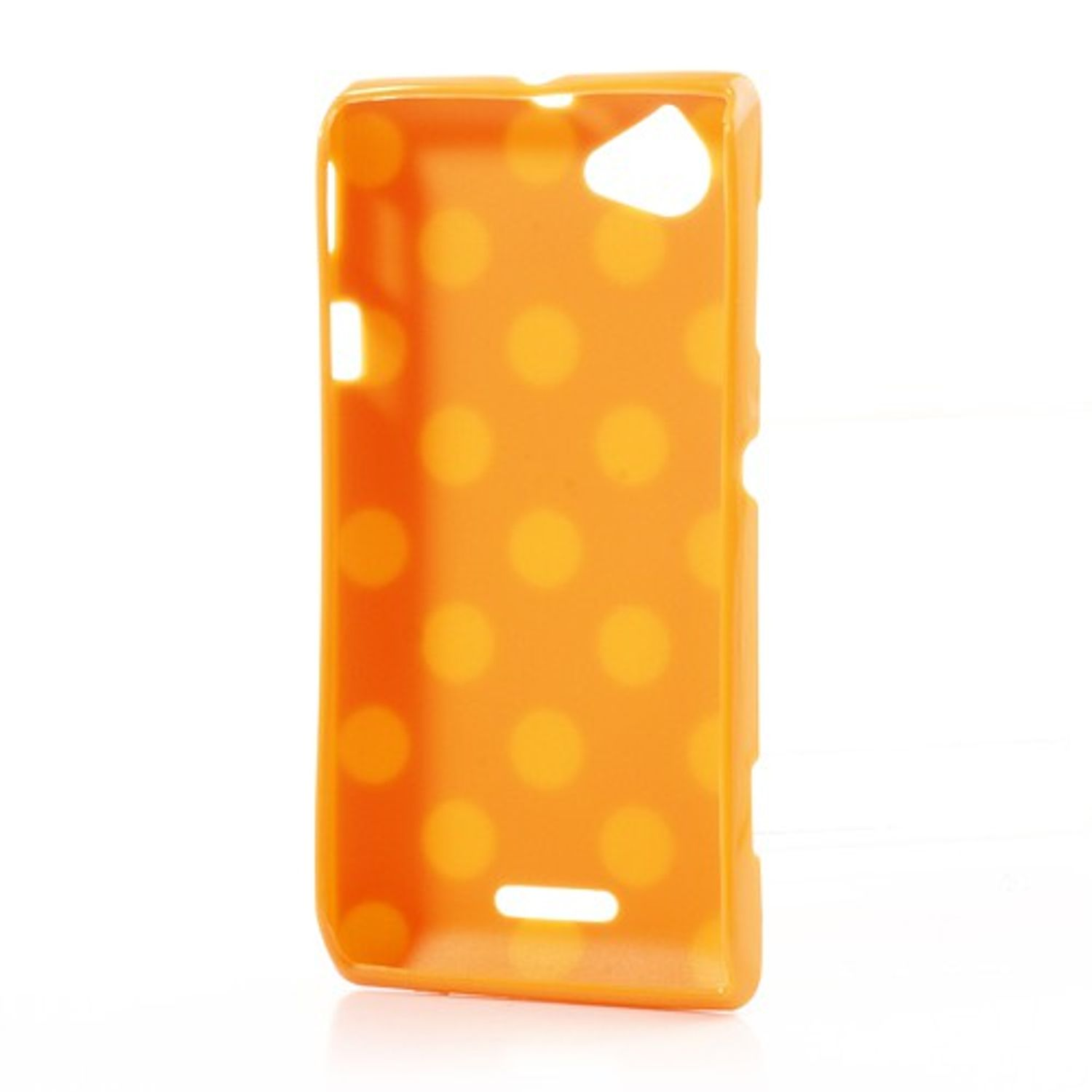 Orange Handyhülle mit gelben Tupfen.