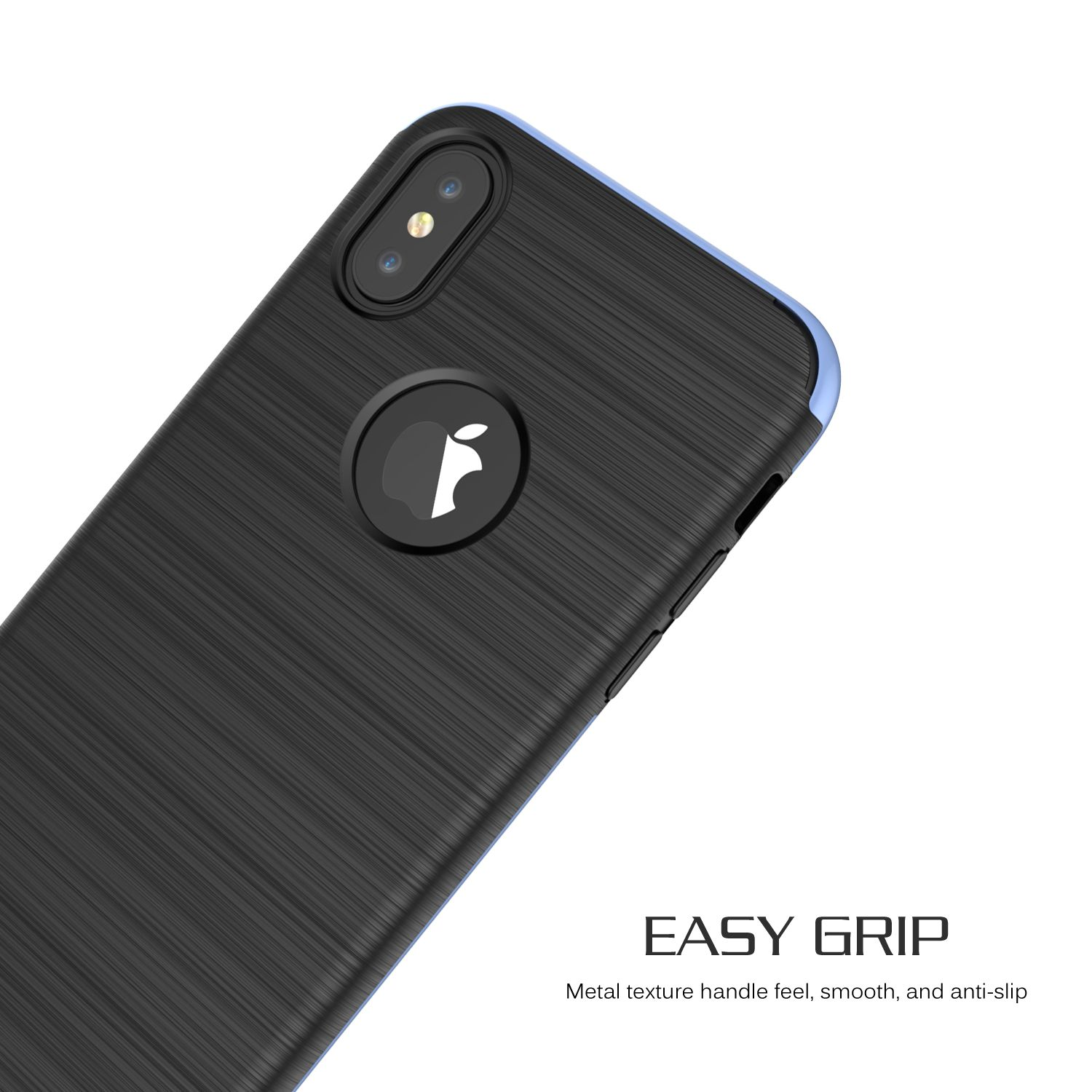 Schwarze Handyhülle mit gebürsteter Metallstruktur. Das Apple-Logo ist sichtbar. Der Text 'EASY GRIP' steht unten.