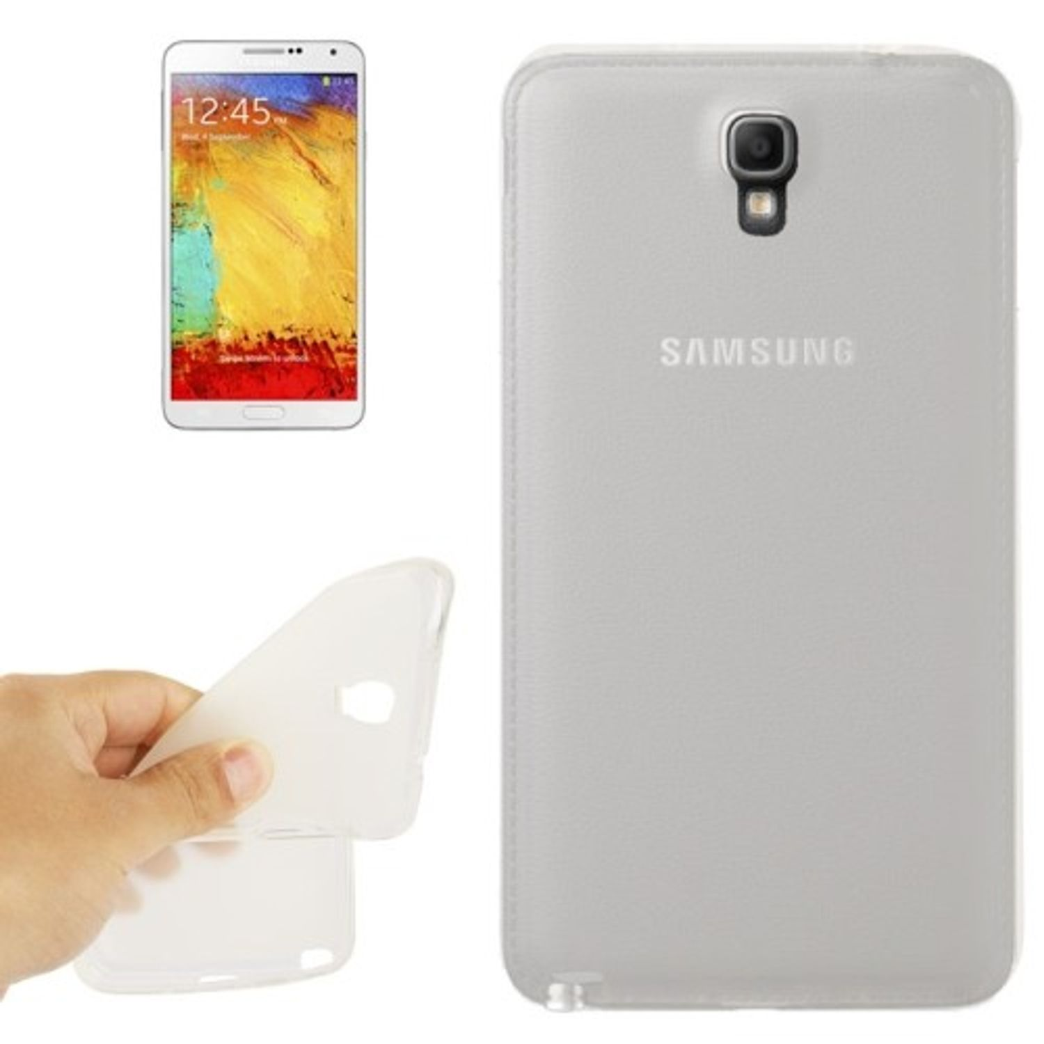 Eine Hand, die eine transparente Handyhülle hält. Im Hintergrund ein Telefon. Die Hülle ist durchsichtig und das Telefon sichtbar.