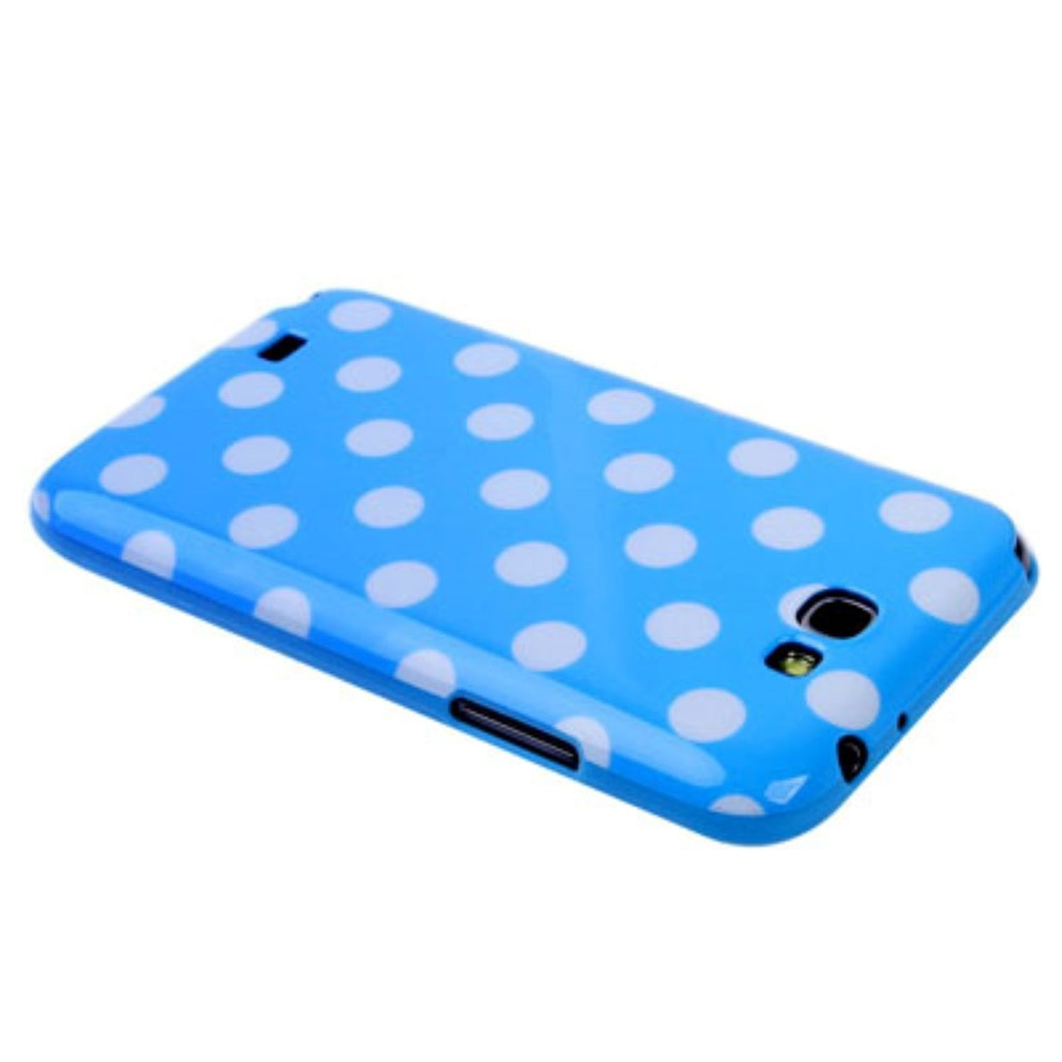 Blaue Handyhülle mit weißen Polka Dots. Weißer Hintergrund.