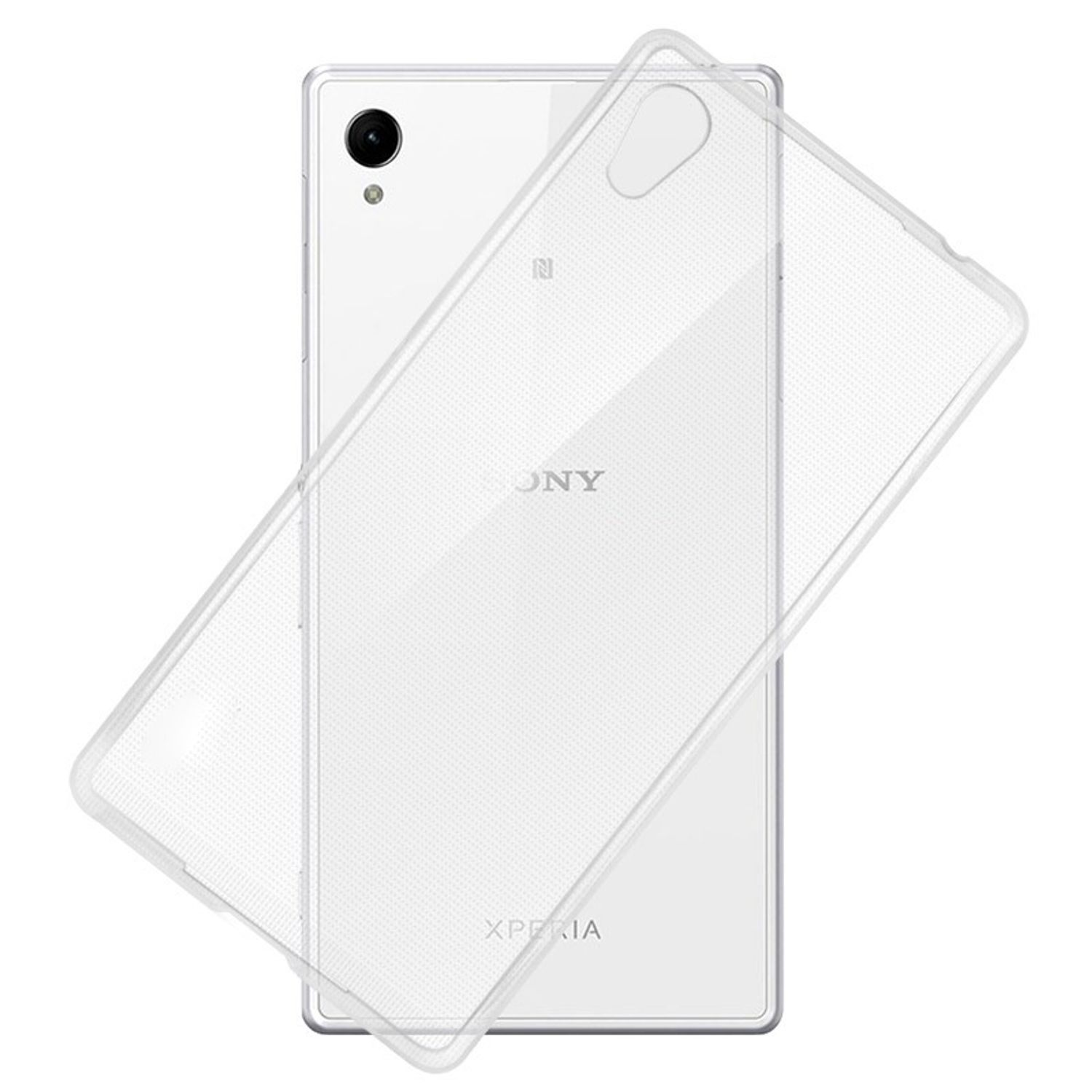 Weißes Telefon mit transparenter Hülle. Kamera und Sony-Logo sichtbar. Isoliert auf weißem Grund.