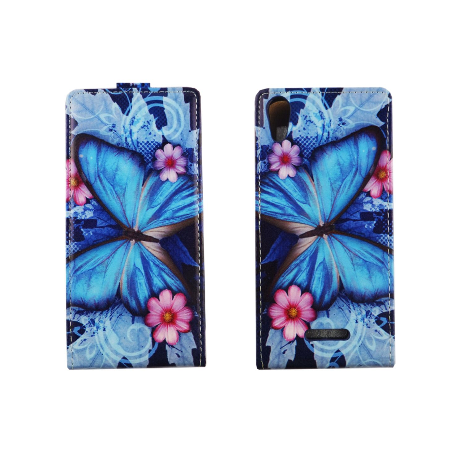 Telefonhülle mit blauem Schmetterling und rosa Blumen. Geöffnete und geschlossene Ansicht.
