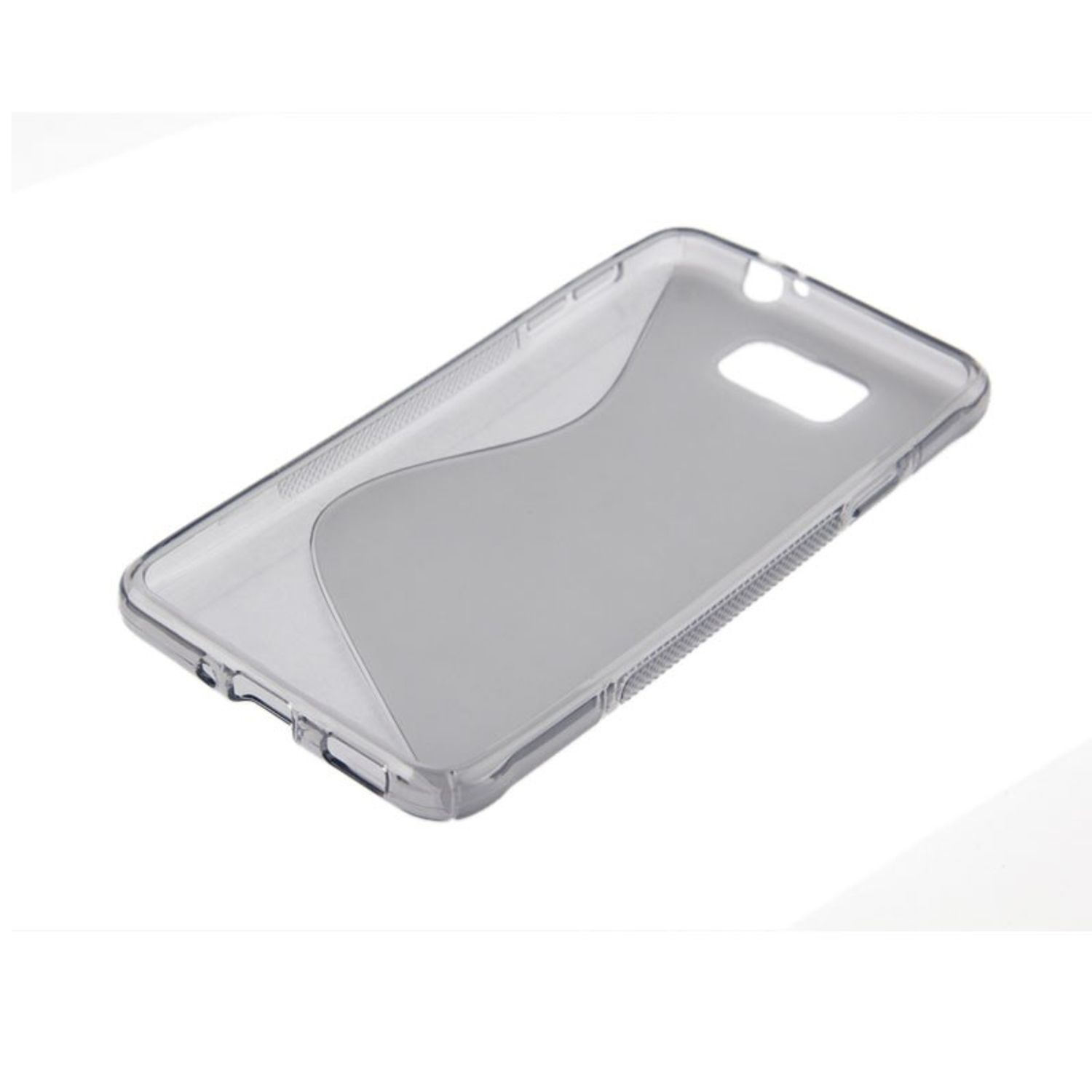 Klare transparente Handyhülle. Sie ist leer mit geschwungenem Design. Die Hülle hat Aussparungen für Tasten und Kamera.