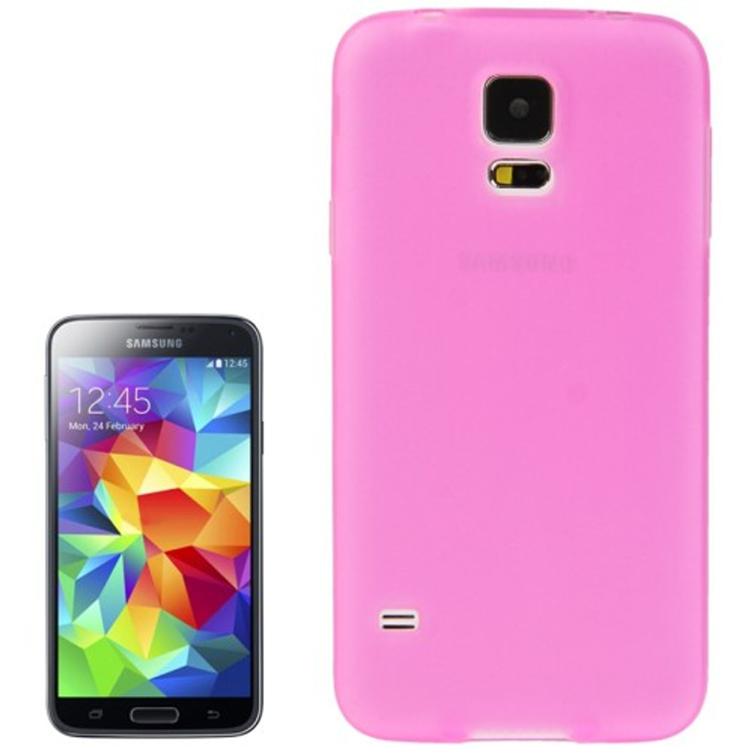 Eine pinke Handyhülle neben einem Telefon. Das Telefon zeigt ein farbenfrohes Bild.