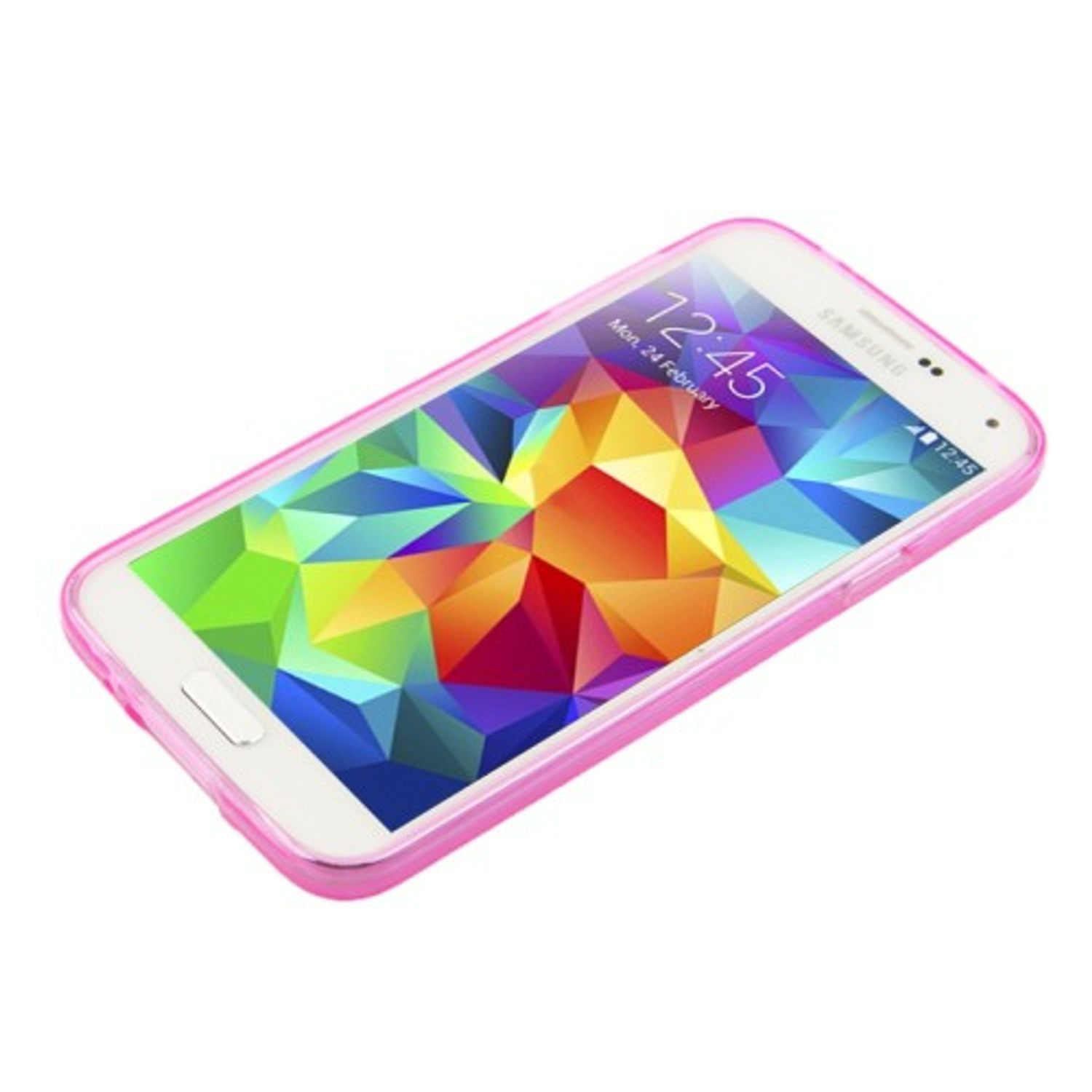 Samsung-Handy mit pinkfarbener Hülle, die ein buntes, abstraktes Muster zeigt.