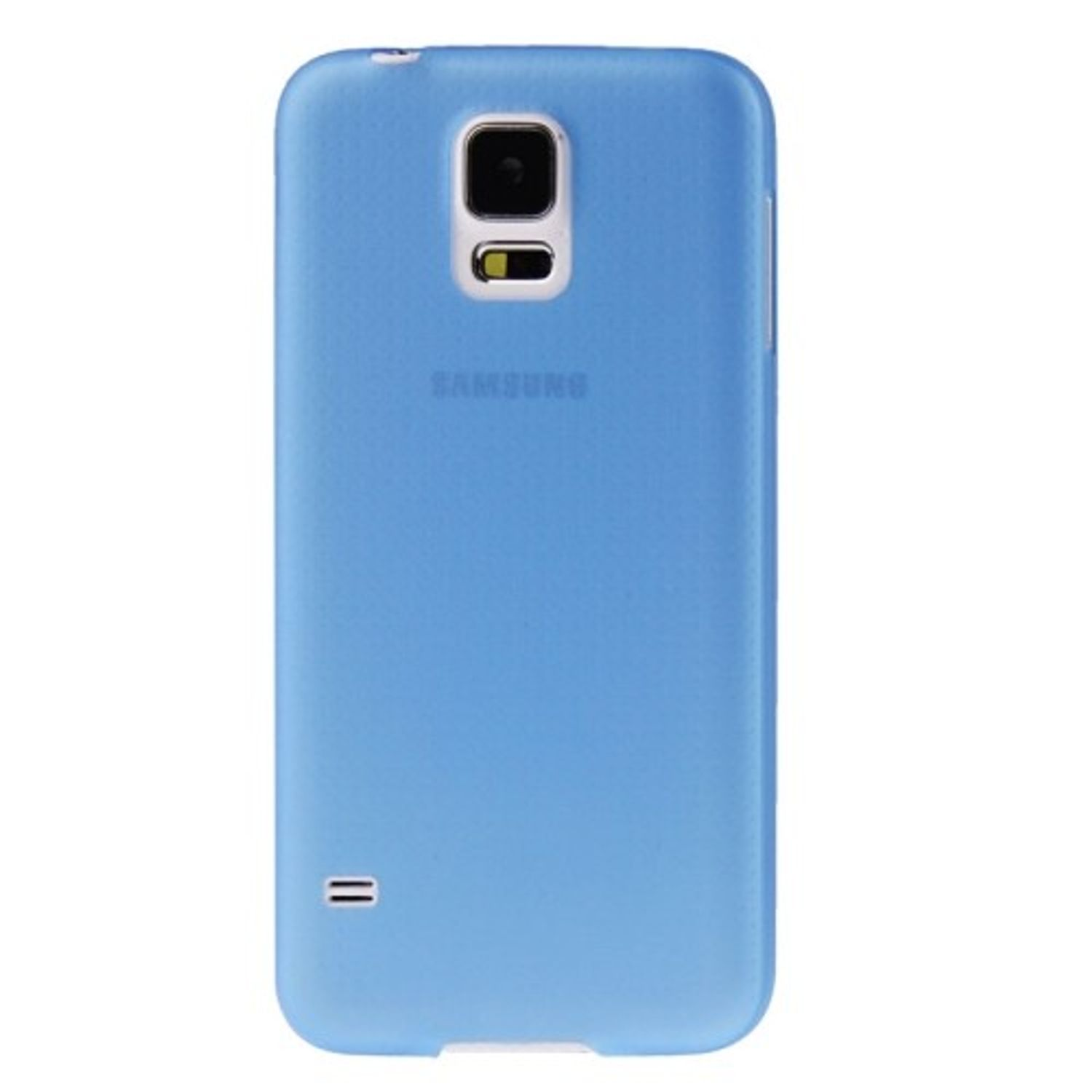 Eine hellblaue Handyhülle mit Kamera und Samsung-Logo auf der Rückseite.