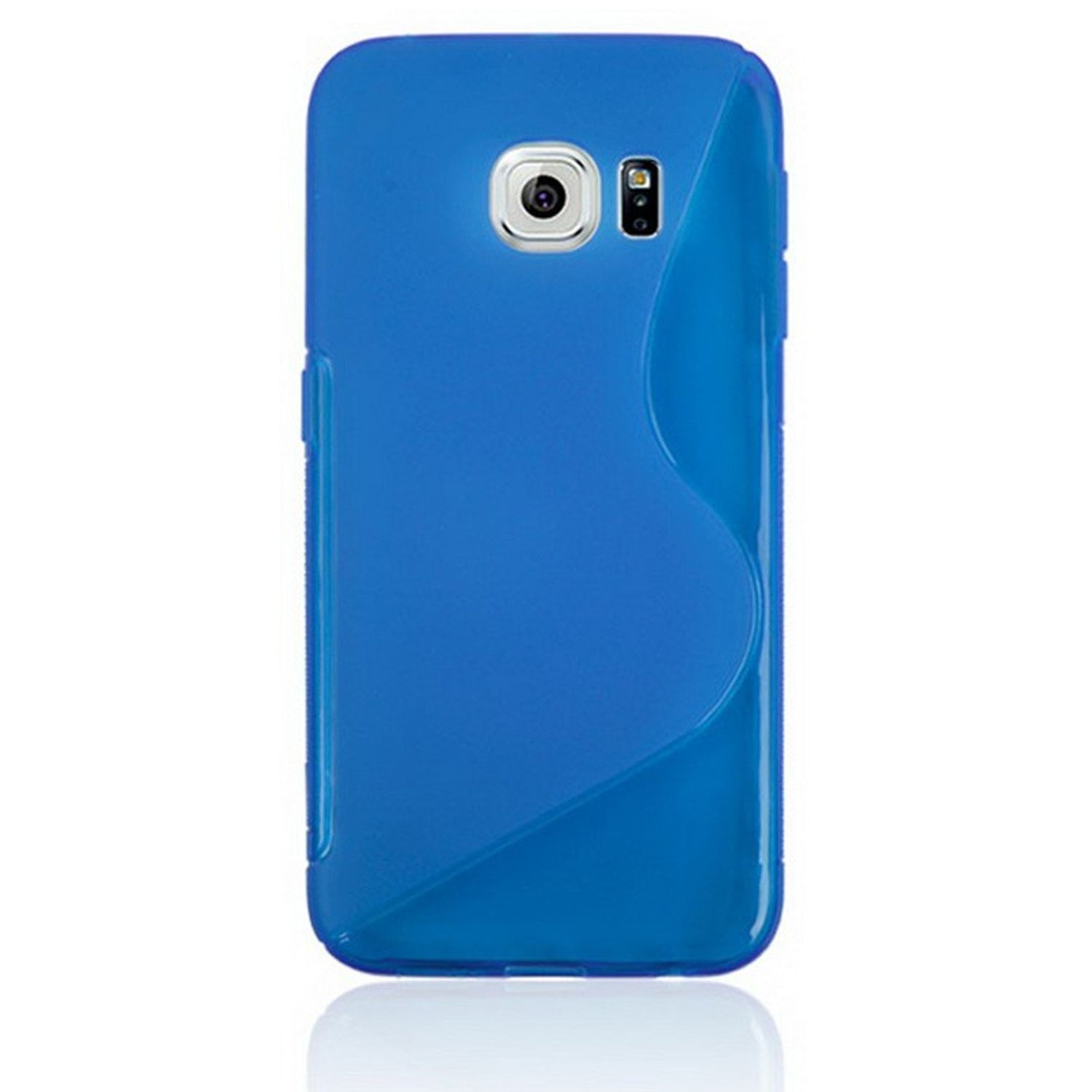 Eine blaue Handyhülle. Sie hat ein geschwungenes Design und ein Kameraloch.