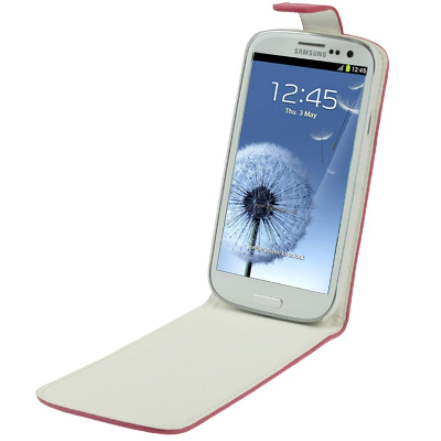Eine weiße und rosa Handyhülle, geöffnet, zeigt ein Telefon mit einer Pusteblume auf dem Bildschirm. Die Hülle hat einen rosa Rand.