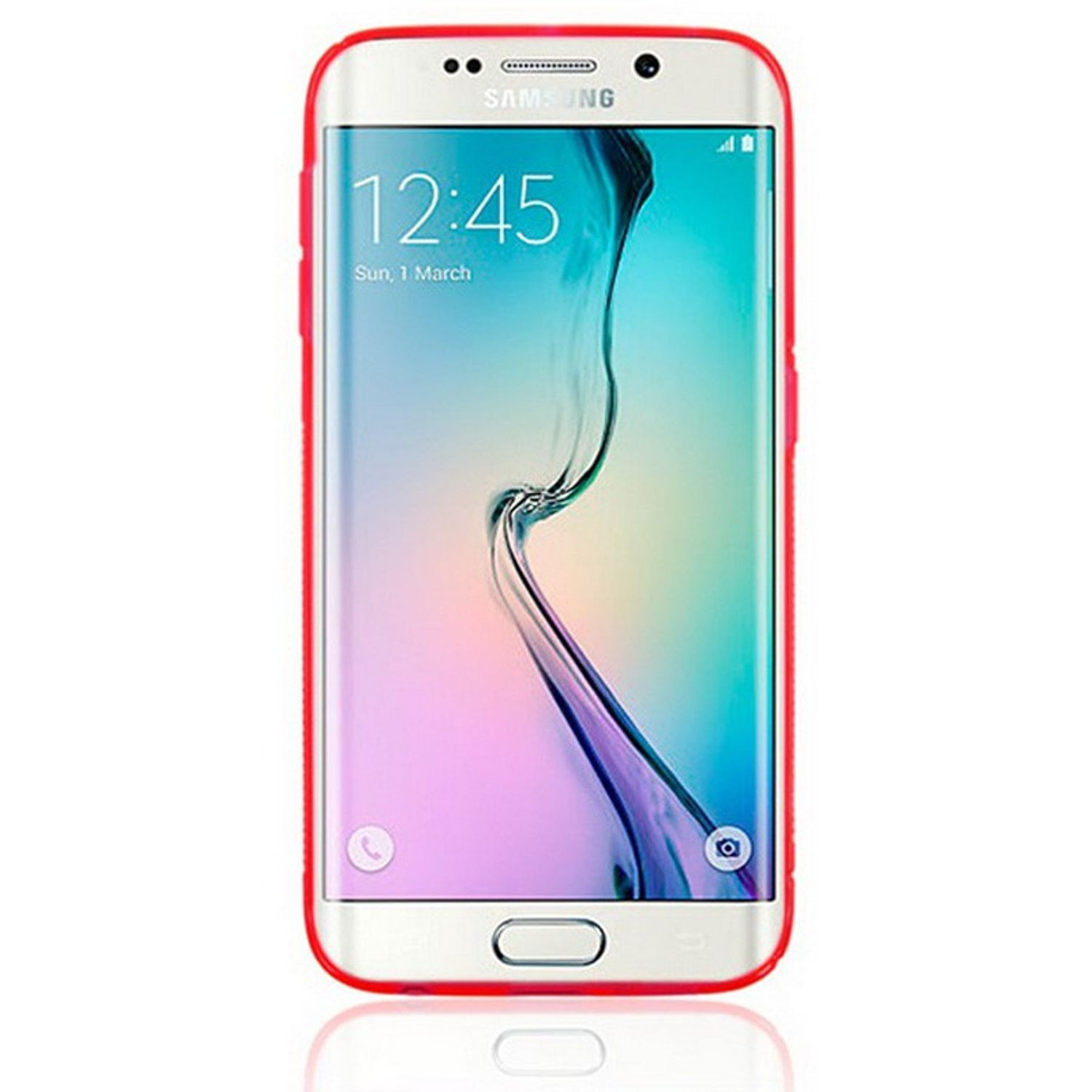 Ein weißes Samsung-Telefon mit roter Hülle, der Bildschirm zeigt ein farbenfrohes abstraktes Bild.