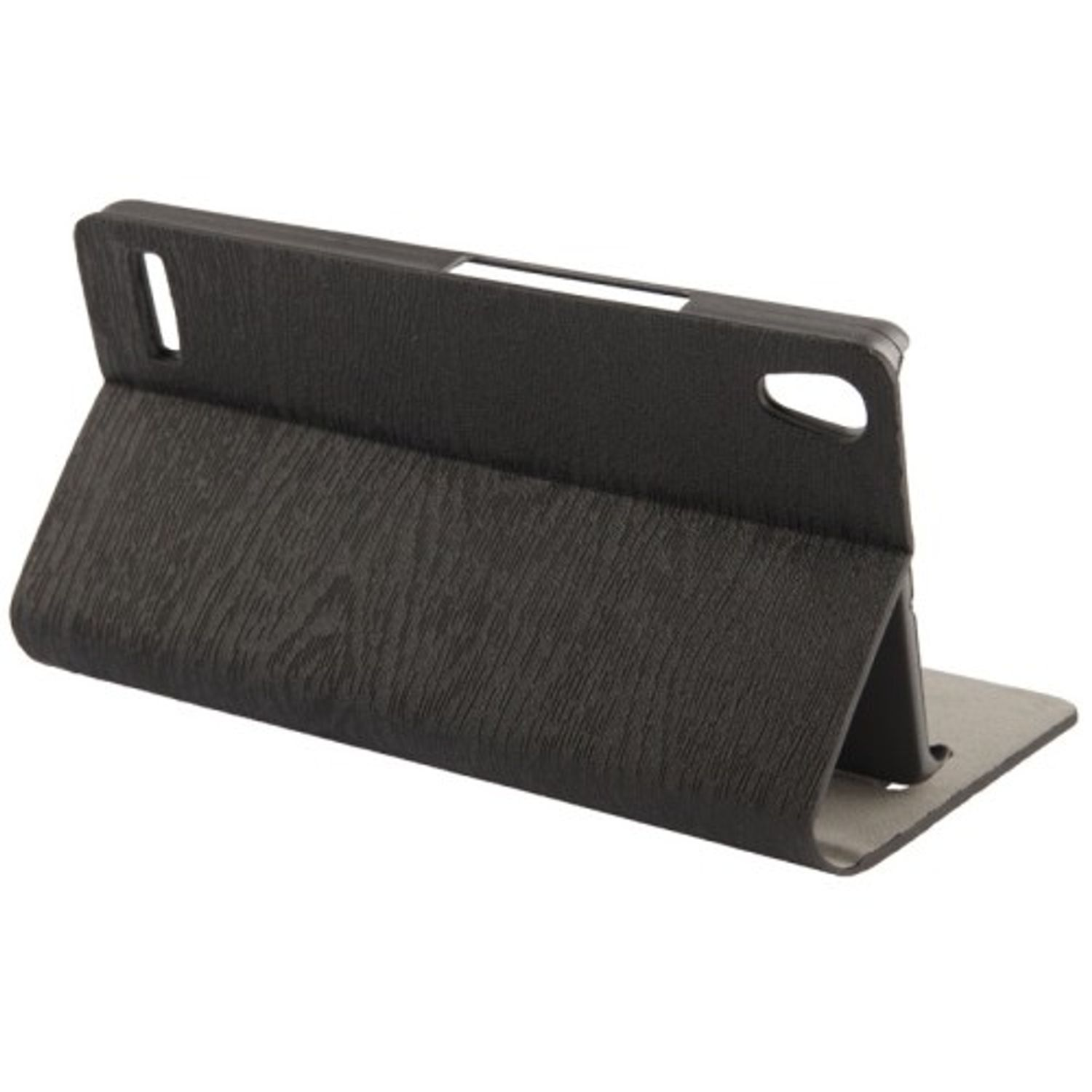 Schwarze Tablet-Hülle aus Leder, in Ständerposition, mit strukturiertem Design.