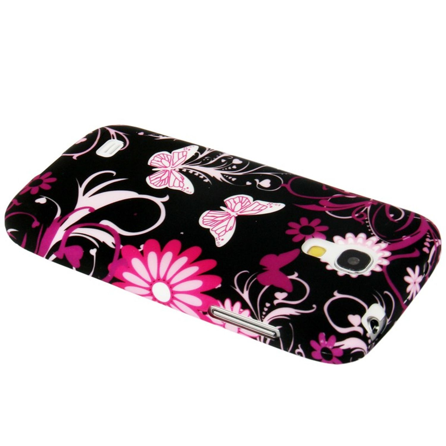 Schwarze Handyhülle mit rosa Blumen- und Schmetterlingsdesign. Mit Kamera- und Knopfausschnitten.