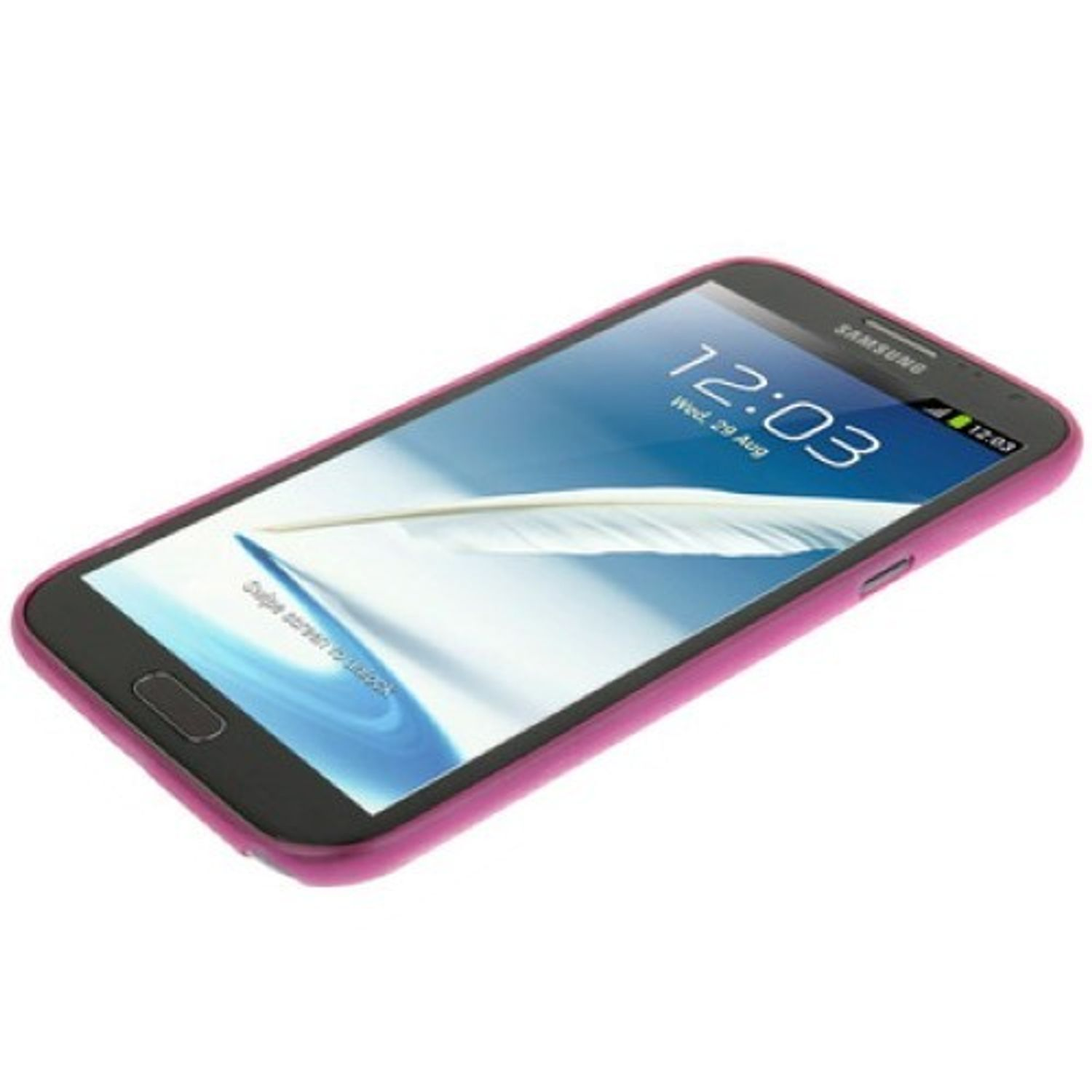 Schwarz-rosa Samsung-Telefon. Der Bildschirm zeigt die Uhrzeit. Das Telefon liegt auf weißem Untergrund.