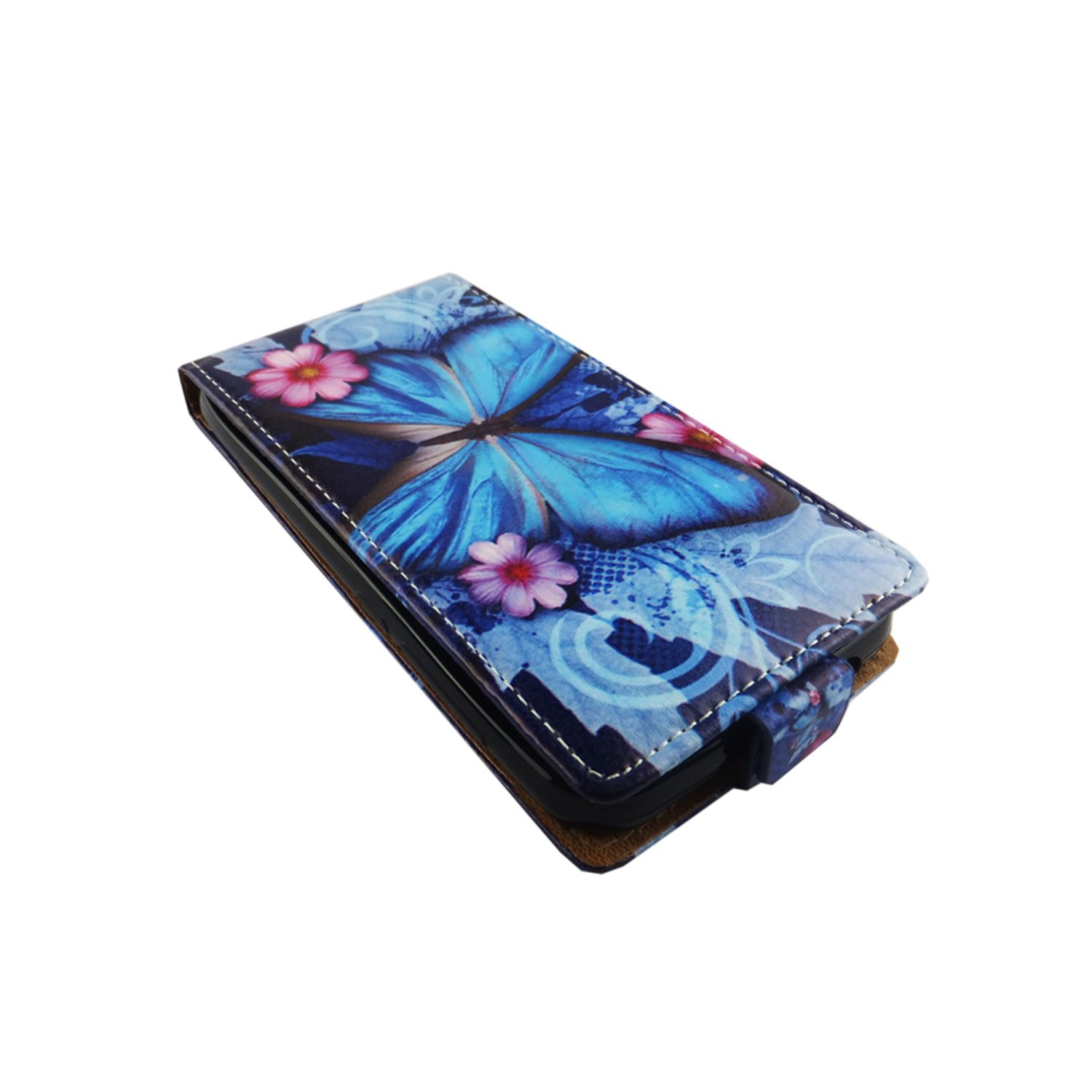 Handyhülle mit Schmetterlingsdesign, blauer Schmetterling und rosa Blumen.
