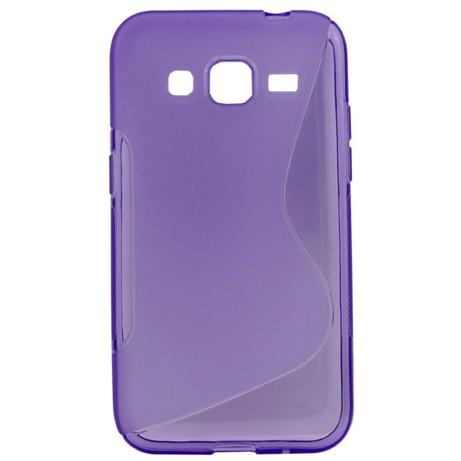 Violette Handyhülle, aufrecht. Es hat Löcher für Kamera und Knöpfe.