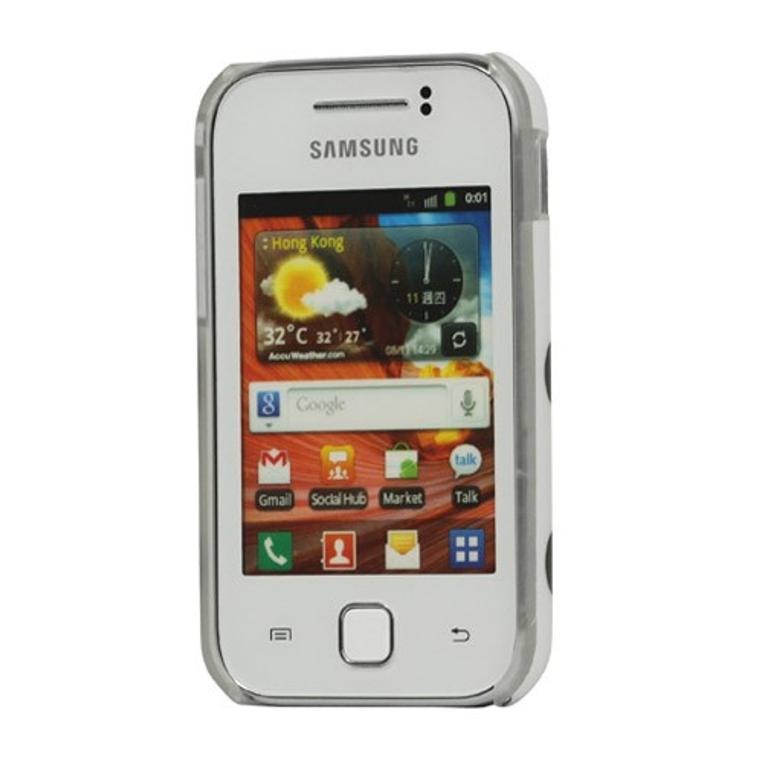 Ein weißes Samsung-Handy mit transparentem Gehäuse, das Wetterinformationen und App-Symbole anzeigt.