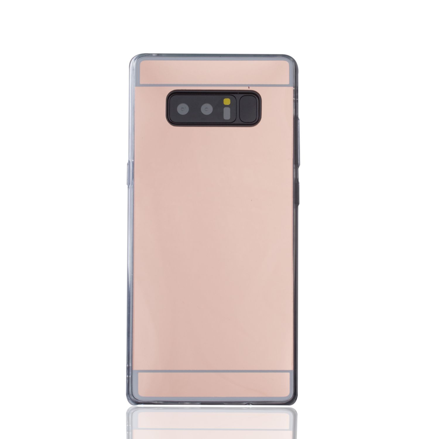 Roségoldene Handyhülle mit verspiegelter Oberfläche und Kameraausschnitt.