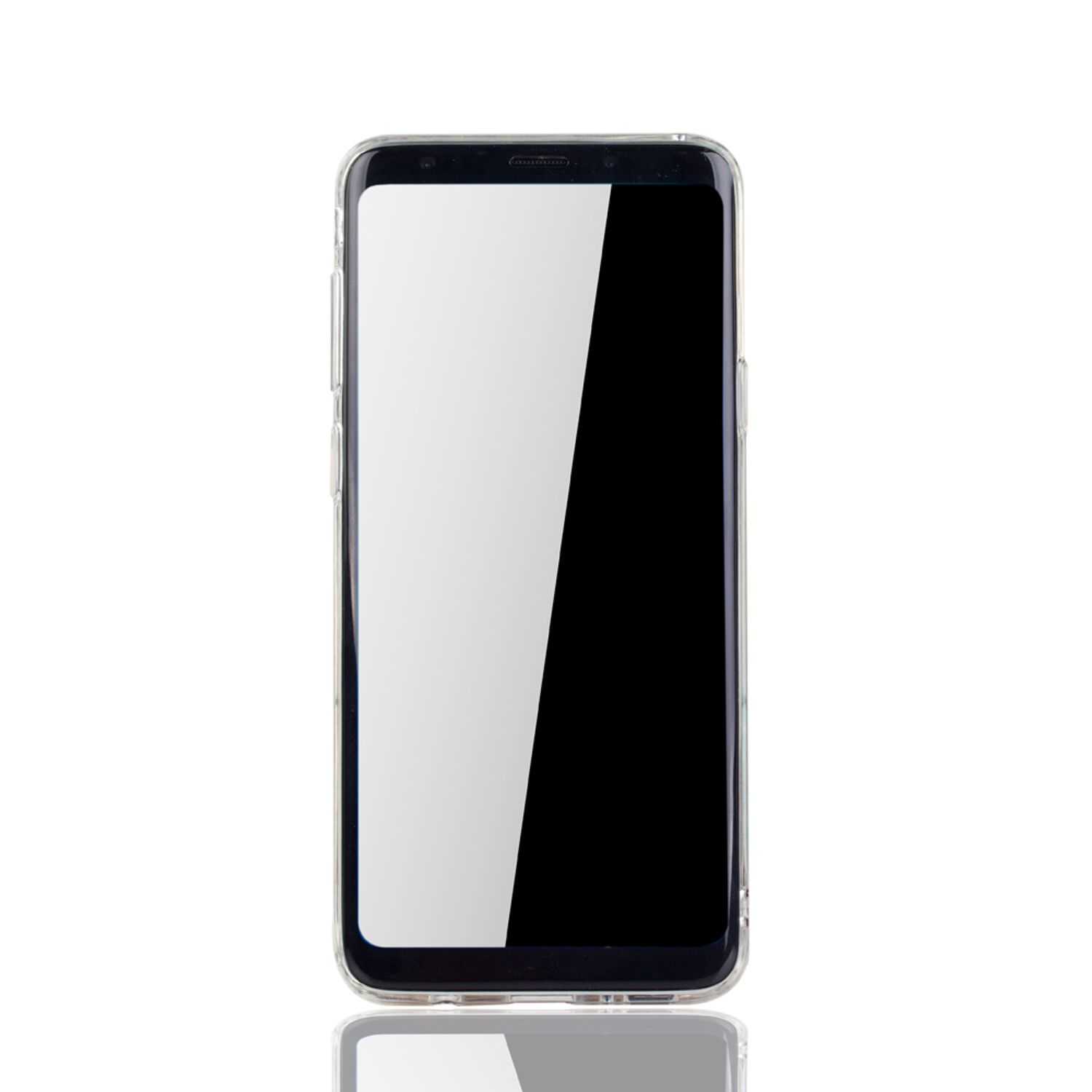 Ein Telefon mit transparentem Case, zentriert. Der Bildschirm ist schwarz und das Case transparent. Weißer Hintergrund.
