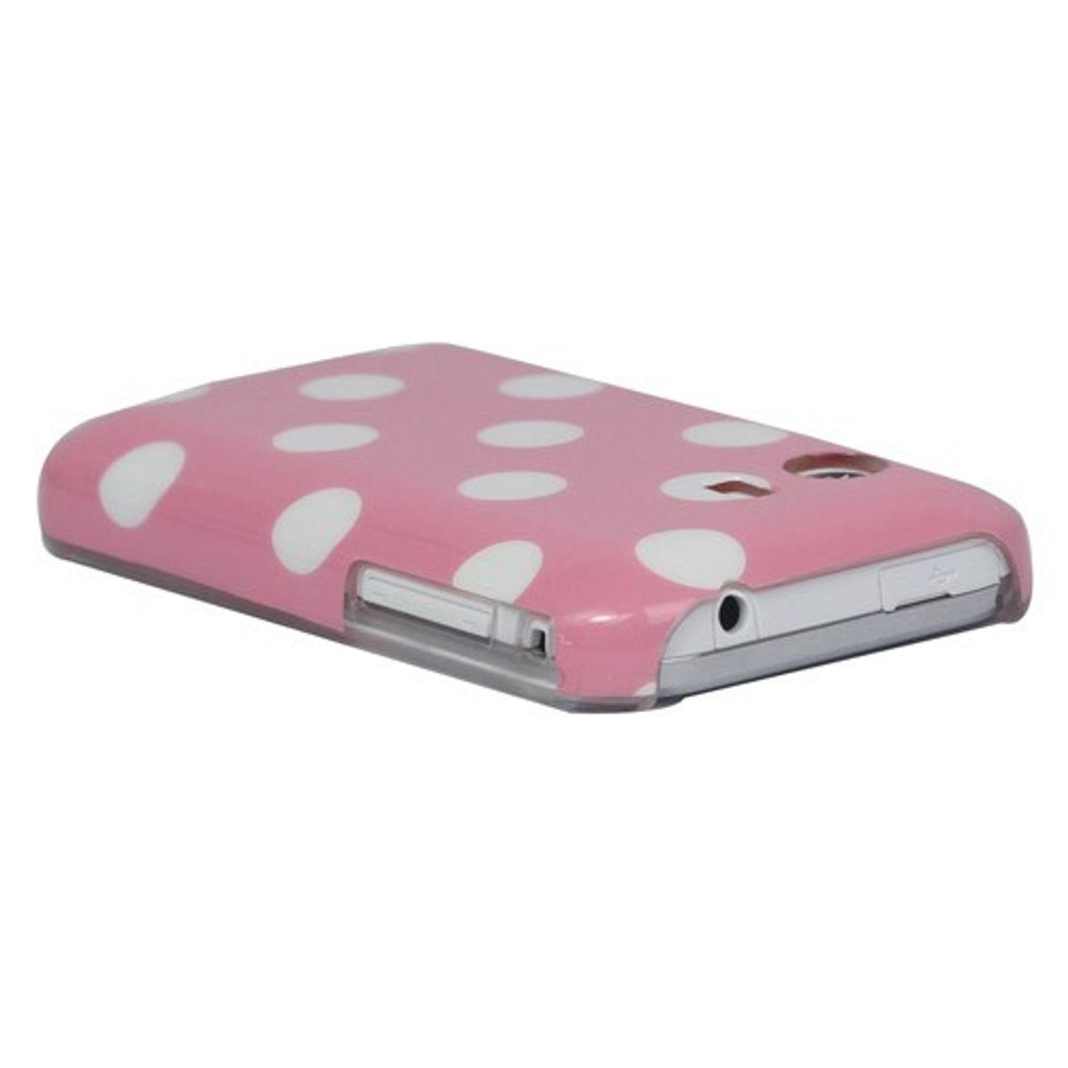 Rosafarbene Handyhülle mit weißen Polka Dots. Die Hülle ist auf weißem Hintergrund.