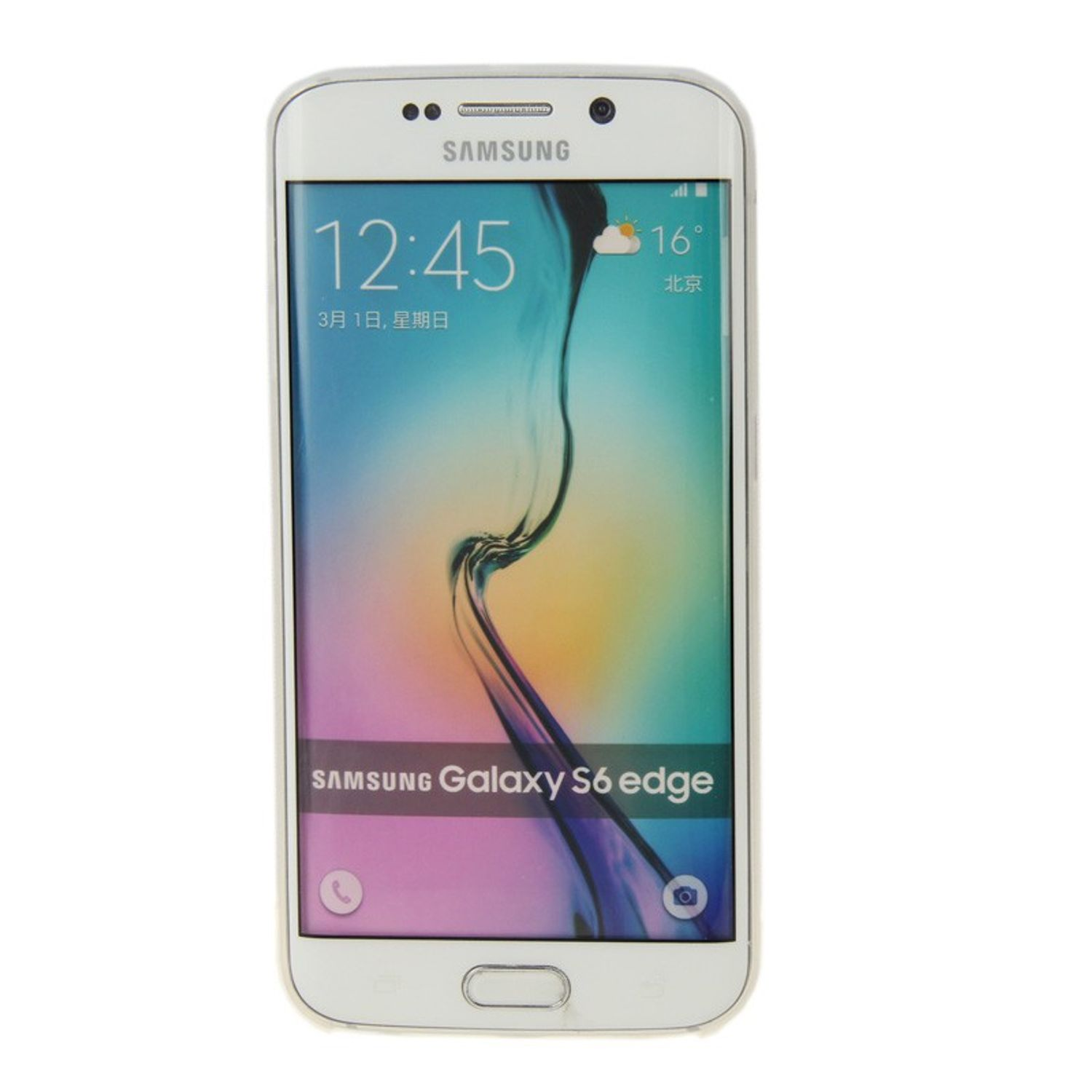 Ein weißes Samsung-Handy mit silbernem Gehäuse zeigt die Uhrzeit und das Datum an. Der Bildschirm ist schwarz.