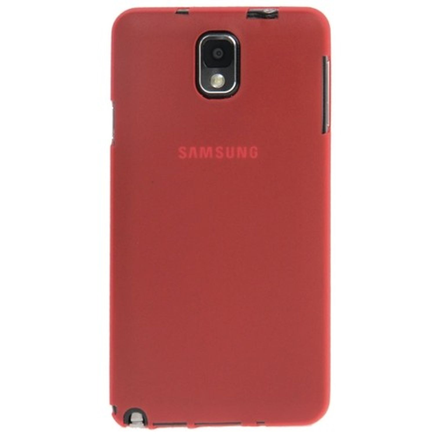 Rückseite einer roten Handyhülle mit Kamera und Samsung-Logo, schlichtes Design.