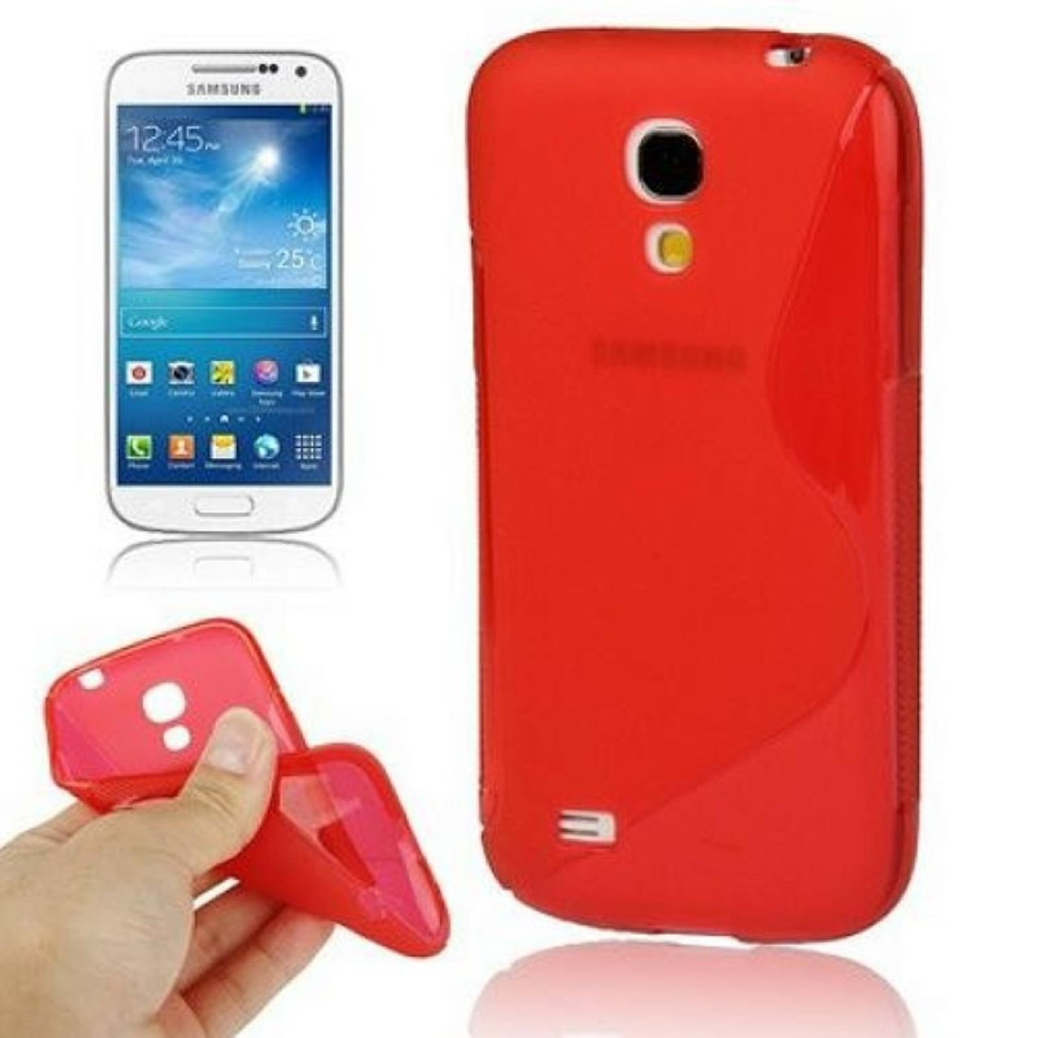 Ein Smartphone und eine rote Handyhülle. Die Hülle ist offen und wird von einer Hand gehalten.