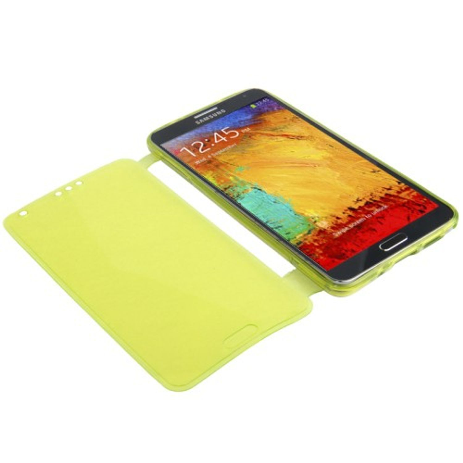 Telefon mit geöffneter gelber Hülle. Telefonbildschirm mit farbenfrohem Bild.