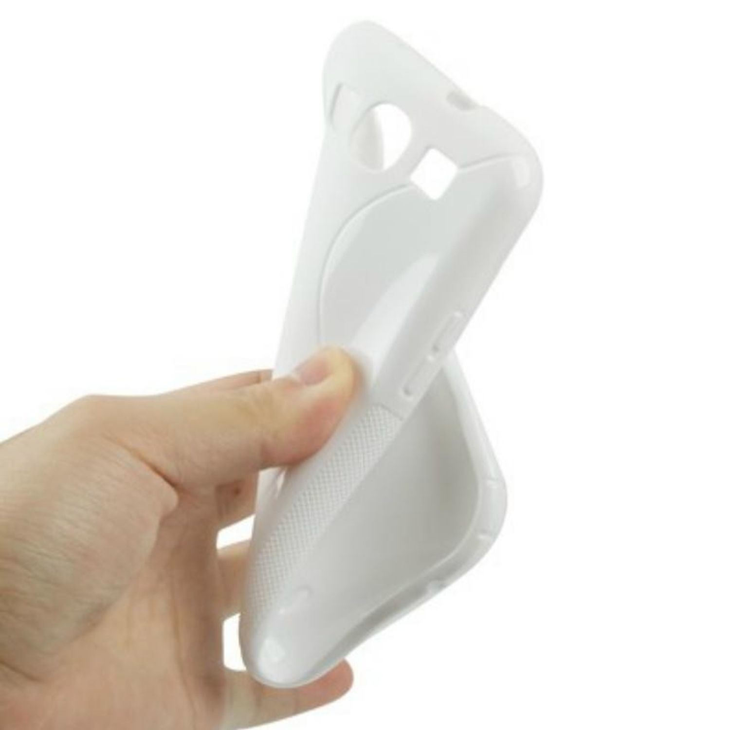 Hand hält eine weiße Handyhülle. Die Hülle ist flexibel und weiß.