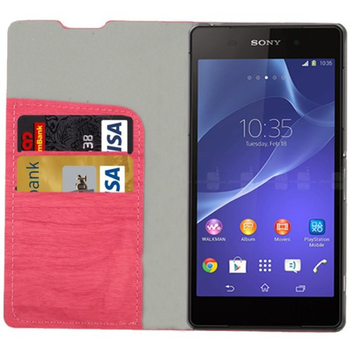 Handyhülle mit Karten. Telefon zeigt Zeit und Datum. Rosa und graue Farben.