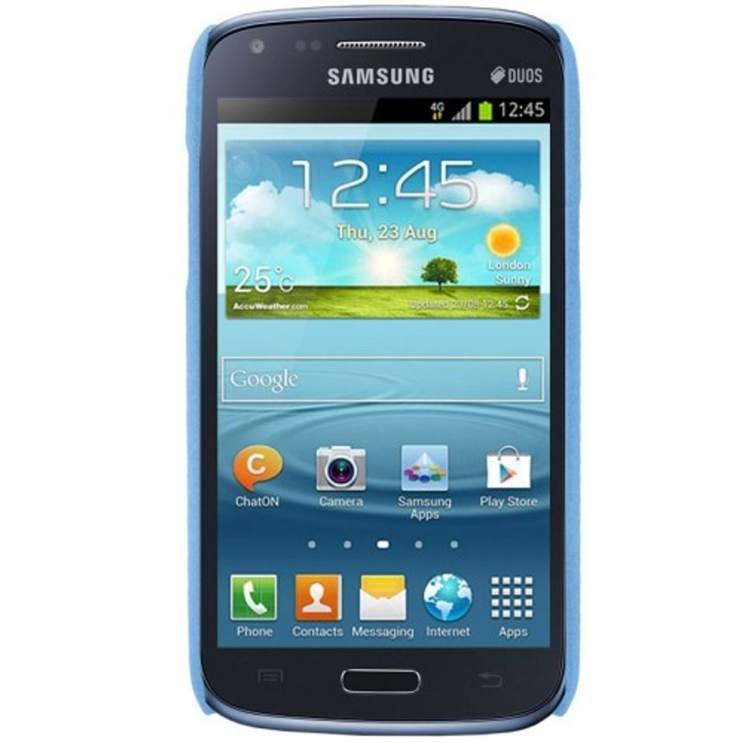 Samsung-Handy mit blauer Hülle, zeigt den Bildschirm. Weißer Hintergrund.