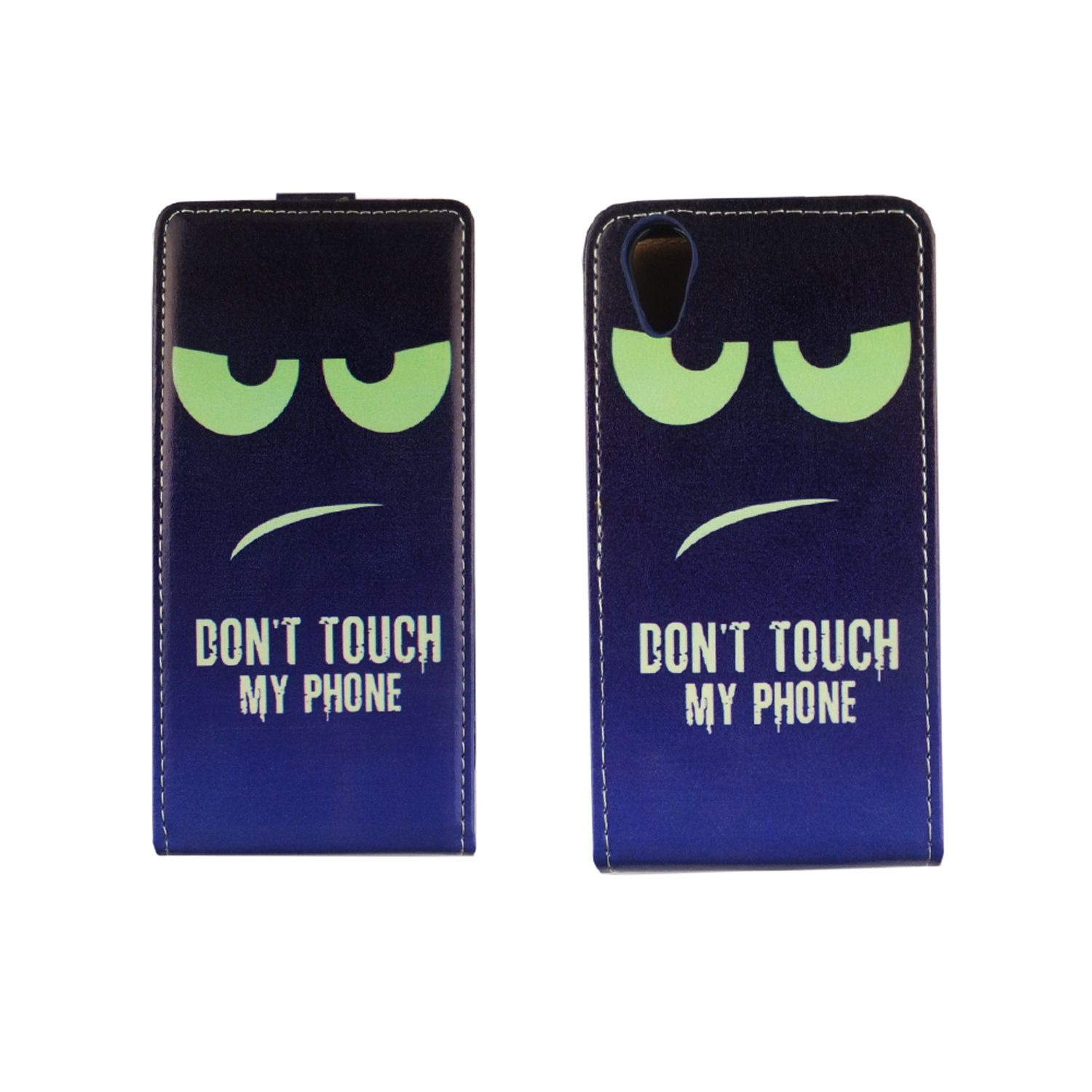 Handyhülle mit der Aufschrift „DON'T TOUCH MY PHONE“ und einem Gesicht mit leuchtenden Augen.