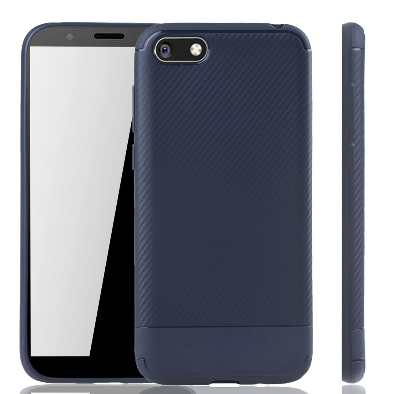 Blaue Handyhülle mit schwarzem Telefon. Das Gehäuse hat ein strukturiertes Design.