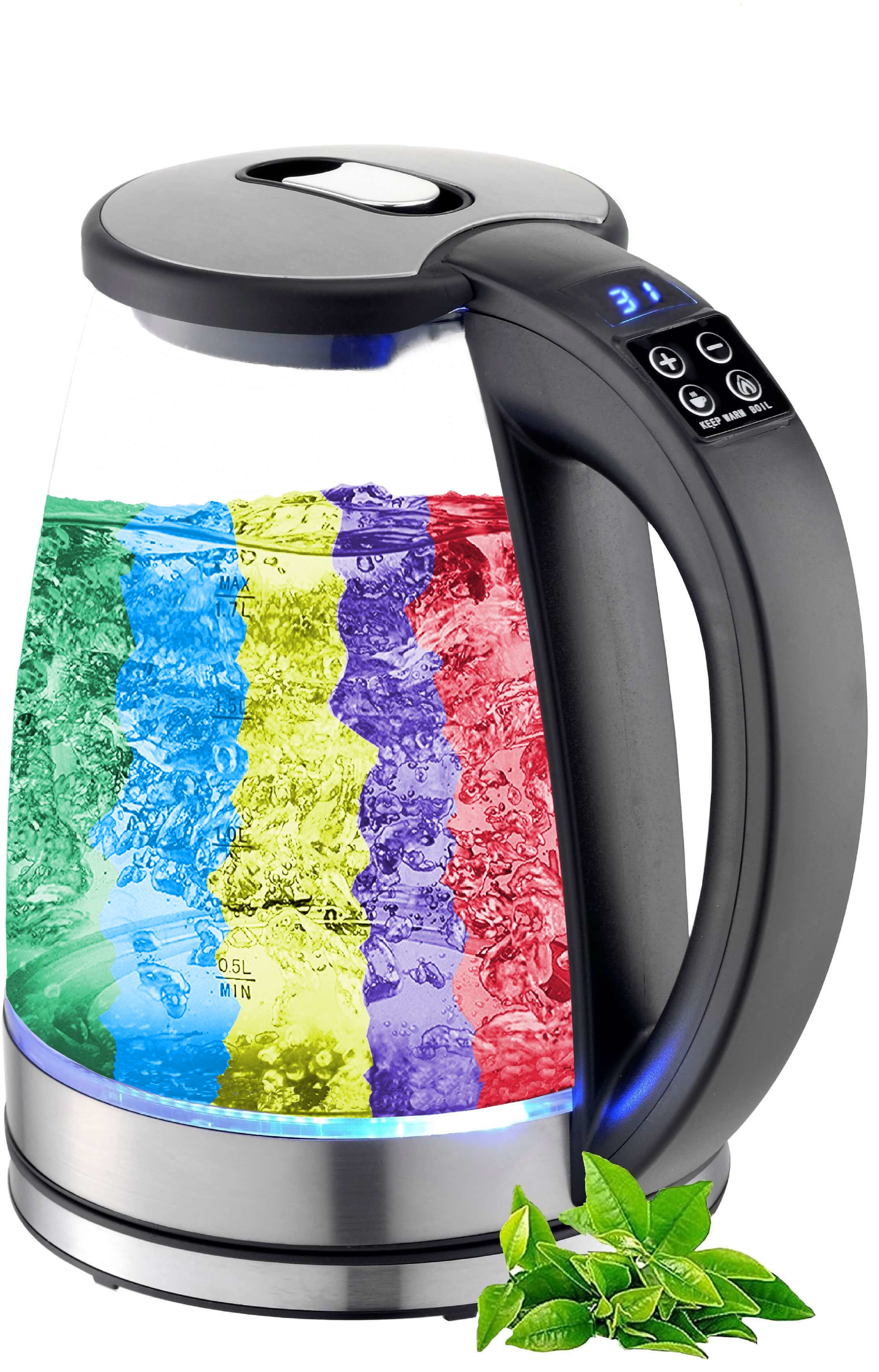 Bollitore elettrico in vetro con acqua arcobaleno. Foglie verdi in basso. Manico nero.