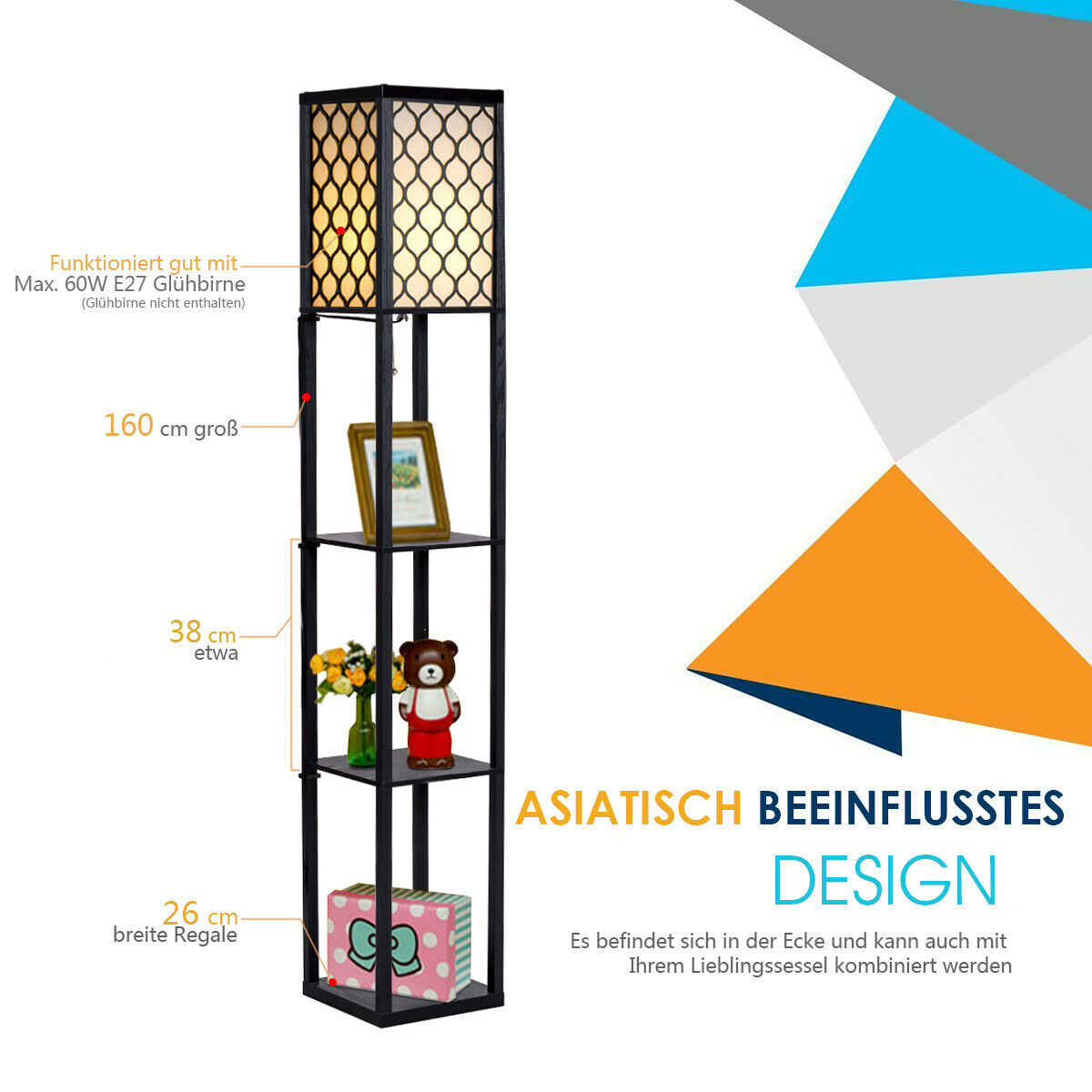 Hohe schwarze Lampe mit Regalen, die ein Bild, einen Bären, Blumen und eine Geschenkbox halten. Text im Hintergrund.