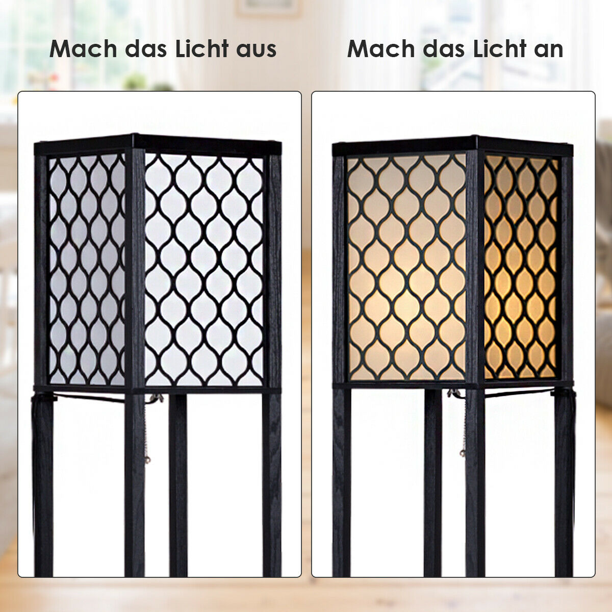 Zweiteiliges Bild einer Lampe, aus und an. Die Lampe ist schwarz, mit weißem Gittermuster. Text lautet 'Ausschalten' und 'Einschalten'.