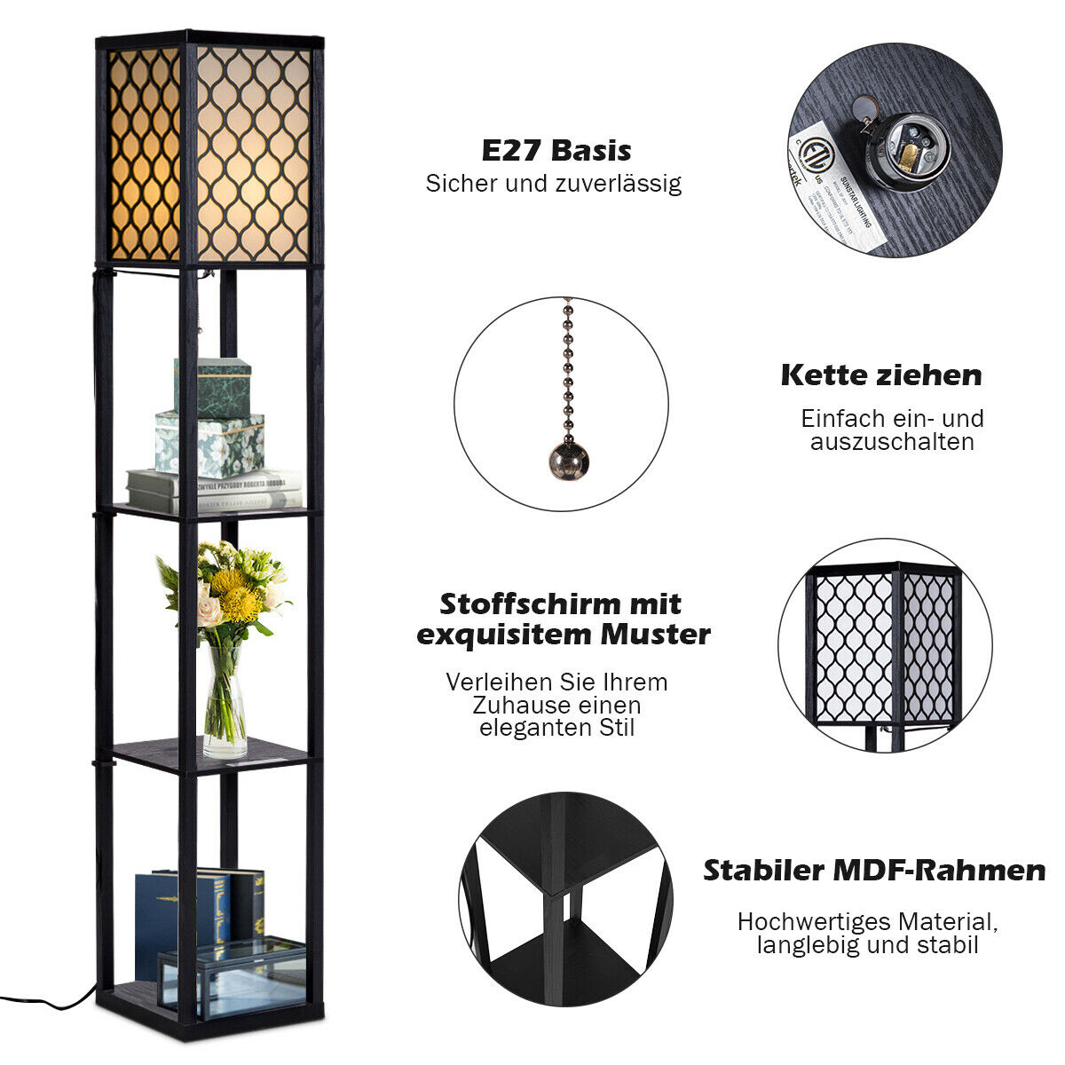 Hohe, schwarze Stehlampe mit Regalen, Blumen und Büchern. Hat einen gemusterten Schirm und Produktdetails.
