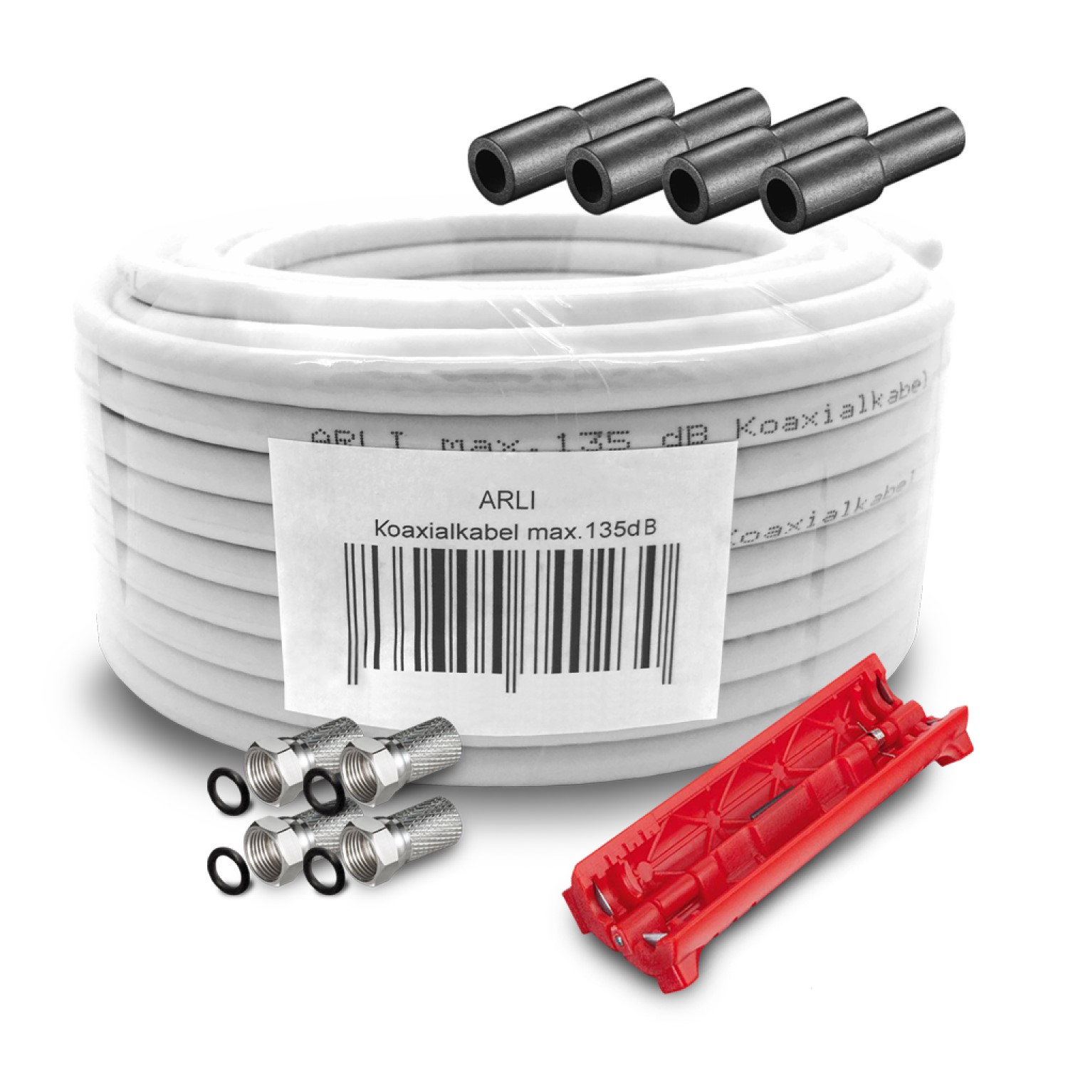 Weißes Koaxialkabel aufgerollt mit Steckern und einem roten Werkzeug. Schwarze Stecker befinden sich oben.