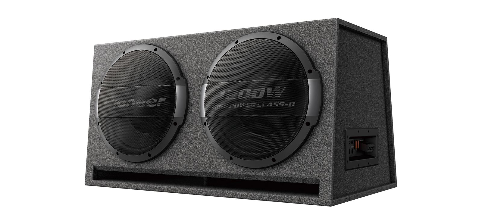Ein schwarzer Pioneer-Subwoofer mit zwei Lautsprecherkonus und einem 1200W-Etikett. Die Oberfläche ist grau.