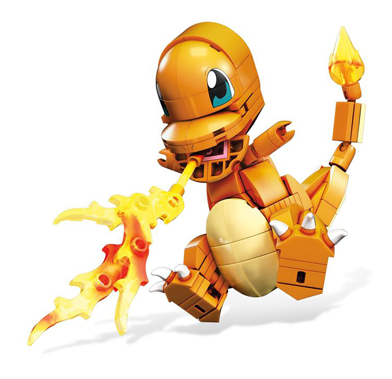 Eine Lego-Charmander-Figur. Es ist orange und hat Flammen, die aus seinem Mund kommen.