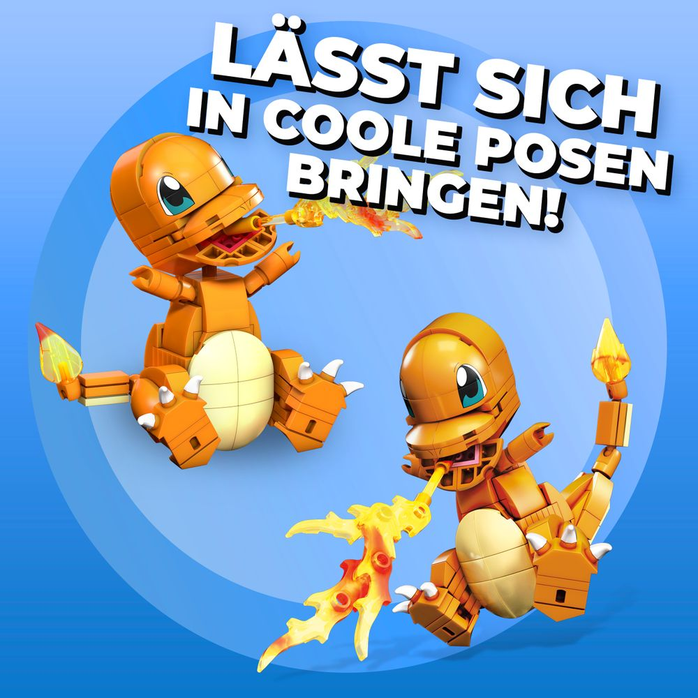 Zwei Lego-Charizard-Figuren, die Feuer speien. Orange und gelbe Flammen.