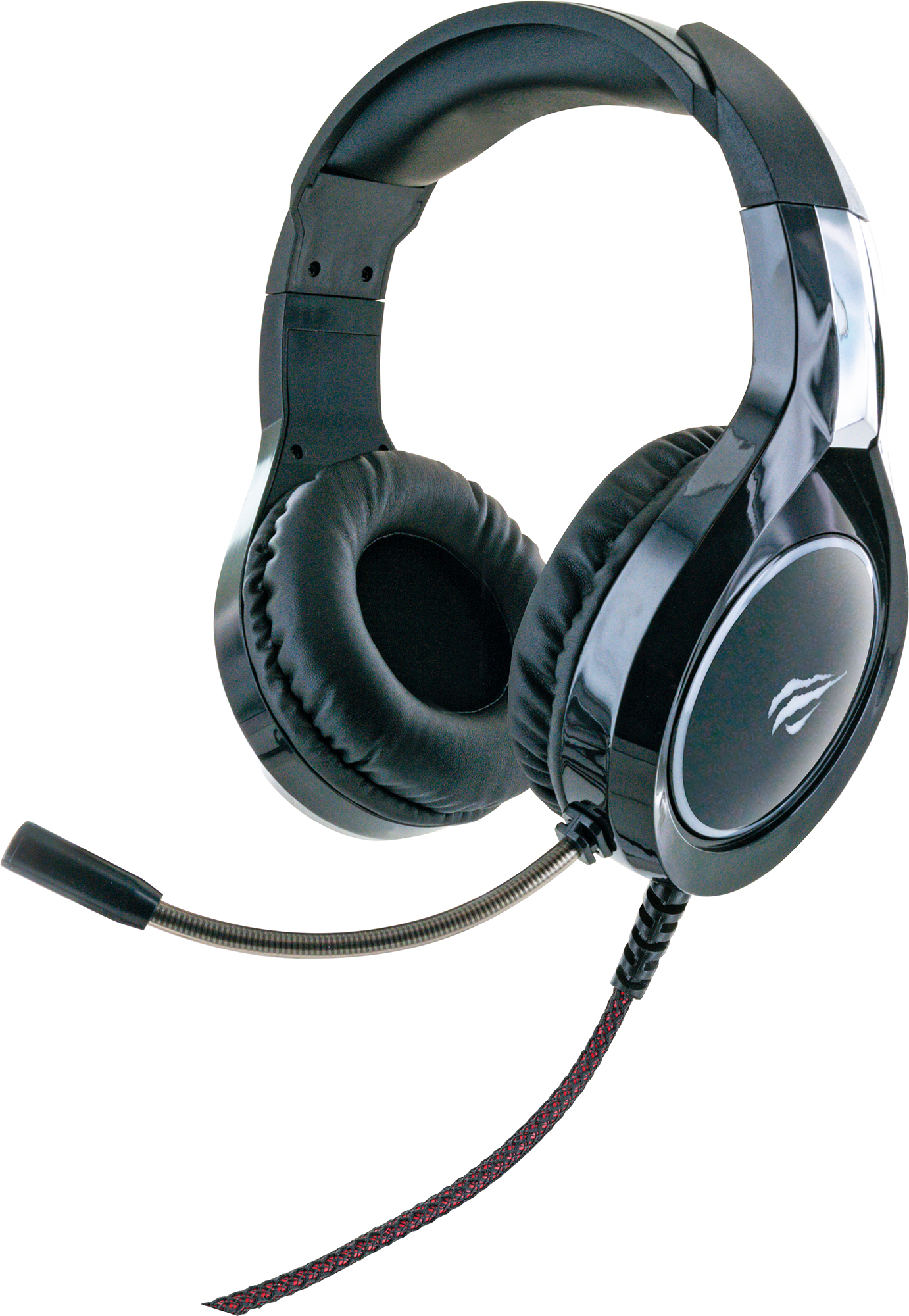 Schwarzes Gaming-Headset. Es hat ein Mikrofon, Ohrmuscheln und ein Kabel. Das Headset befindet sich auf weißem Hintergrund.