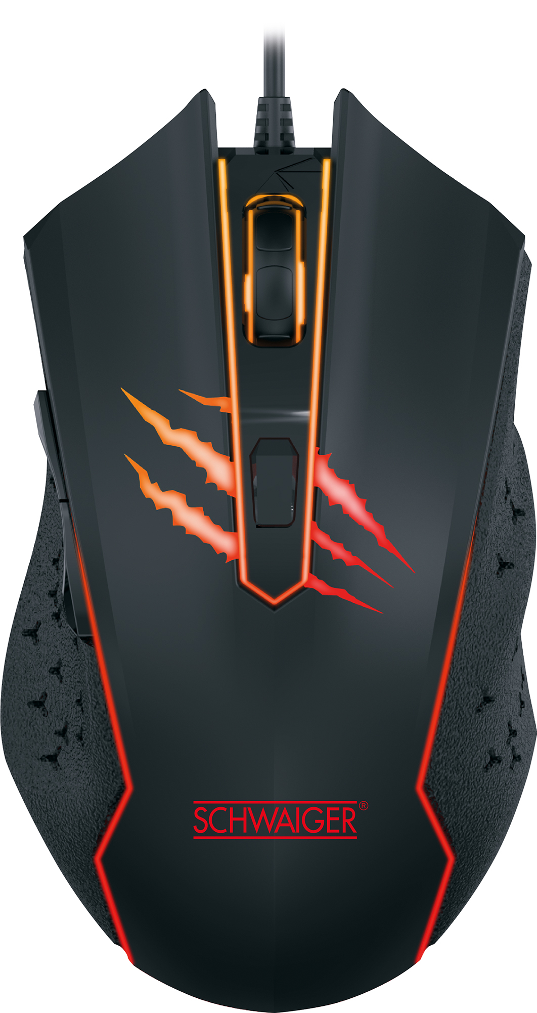 Schwarze Gaming-Maus mit roten Krallen, dem Markennamen "SCHWAIGER" in Rot und orangefarbenen Akzenten.